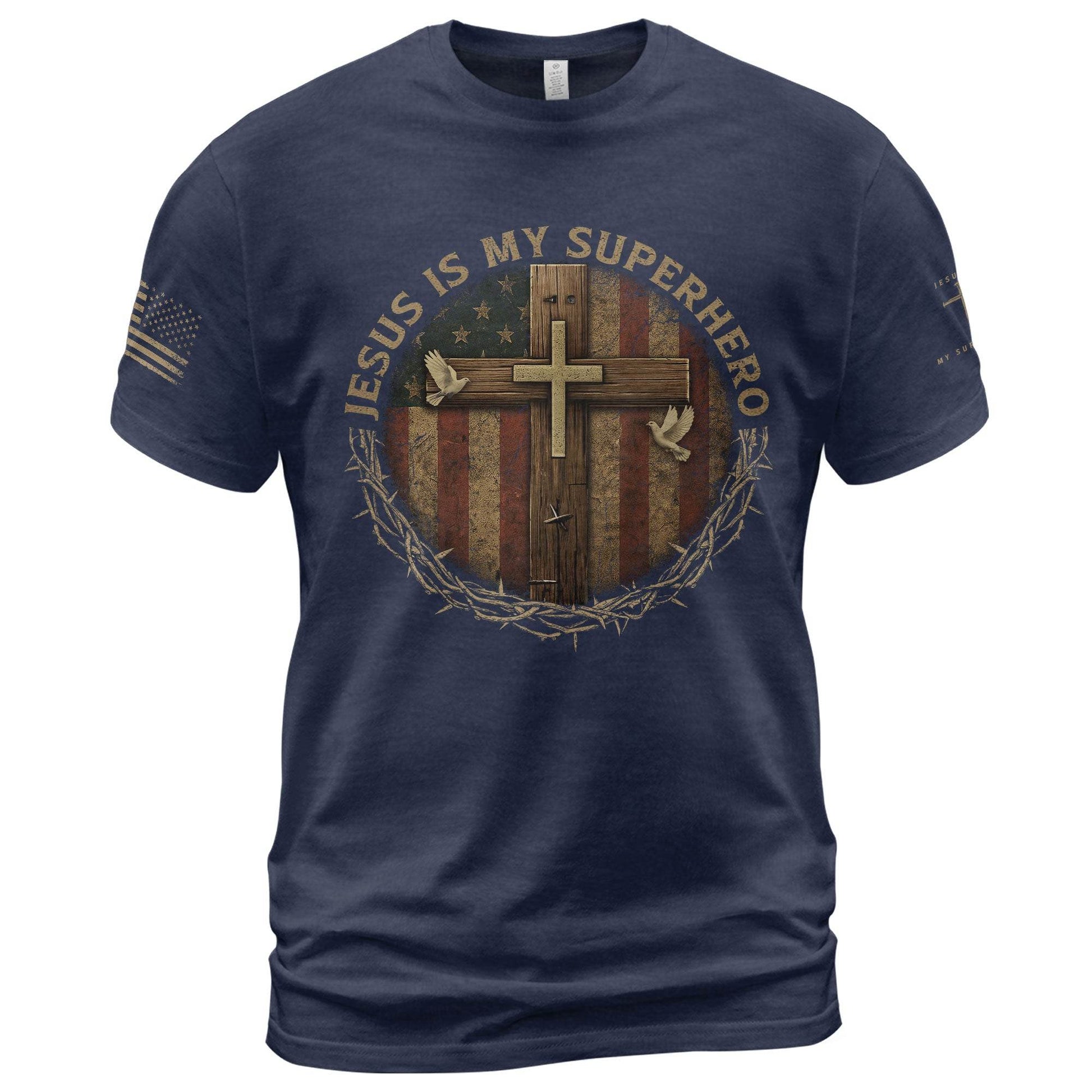 Jesus Is My Superhero Patriotic Cross T-Shirt - Rust Field Wear