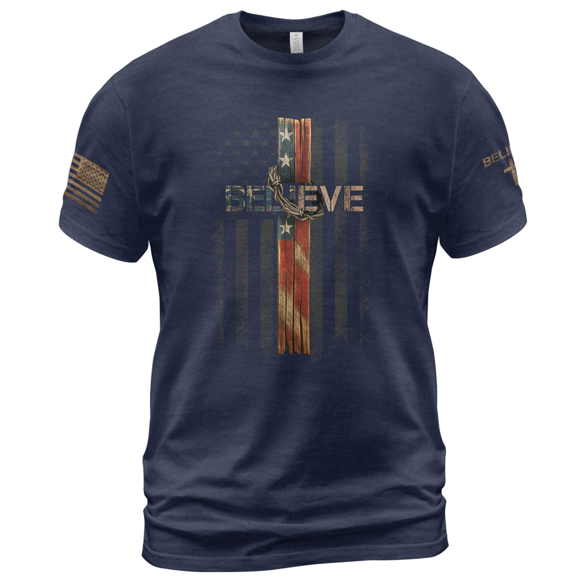 Believe American Flag Cross Christian T-Shirt