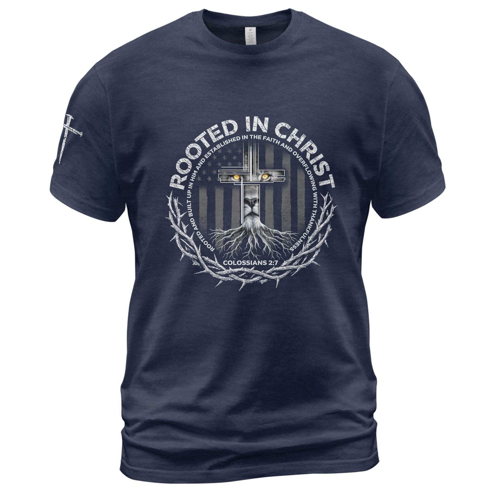 Rooted In Christ Colossians 2:7 Lion Cross T-Shirt - Rust Field Wear
