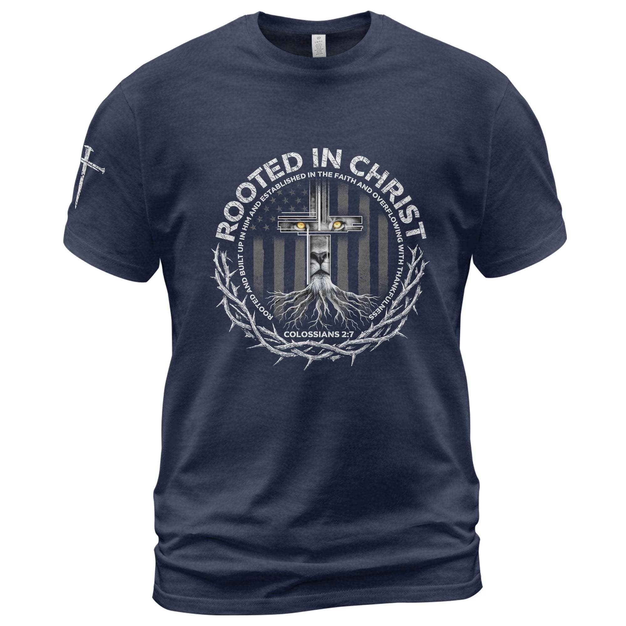 Rooted In Christ Colossians 2:7 Lion Cross T-Shirt - Rust Field Wear