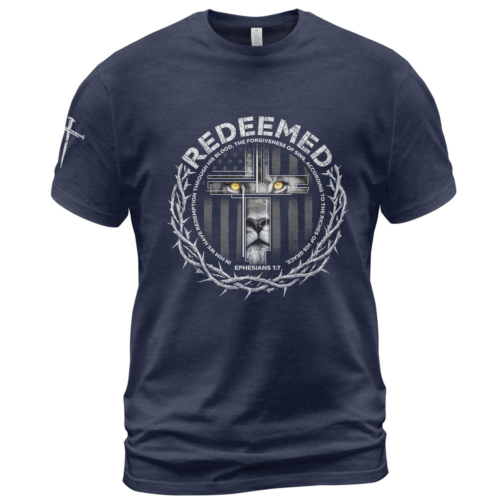 Redeemed Ephesians 1:7 Lion Cross Christian T-Shirt - Rust Field Wear