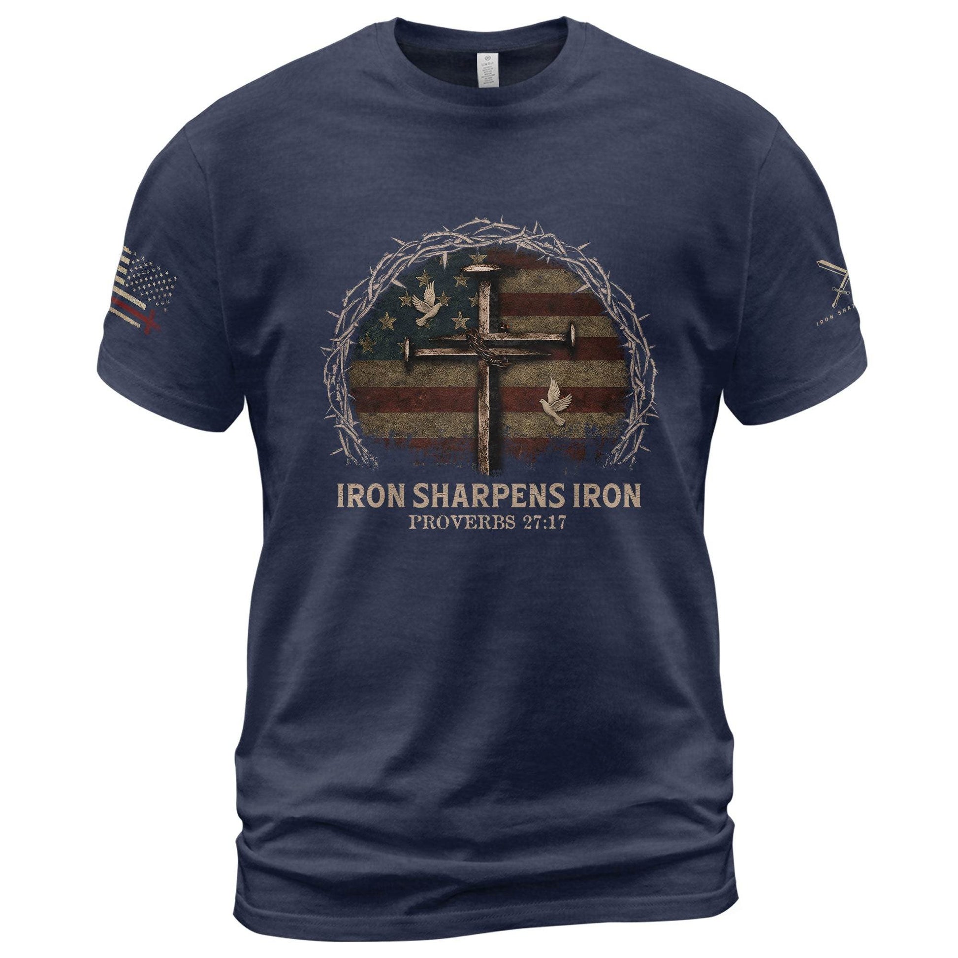 Iron Sharpens Iron Cross American Flag T-Shirt - Rust Field Wear