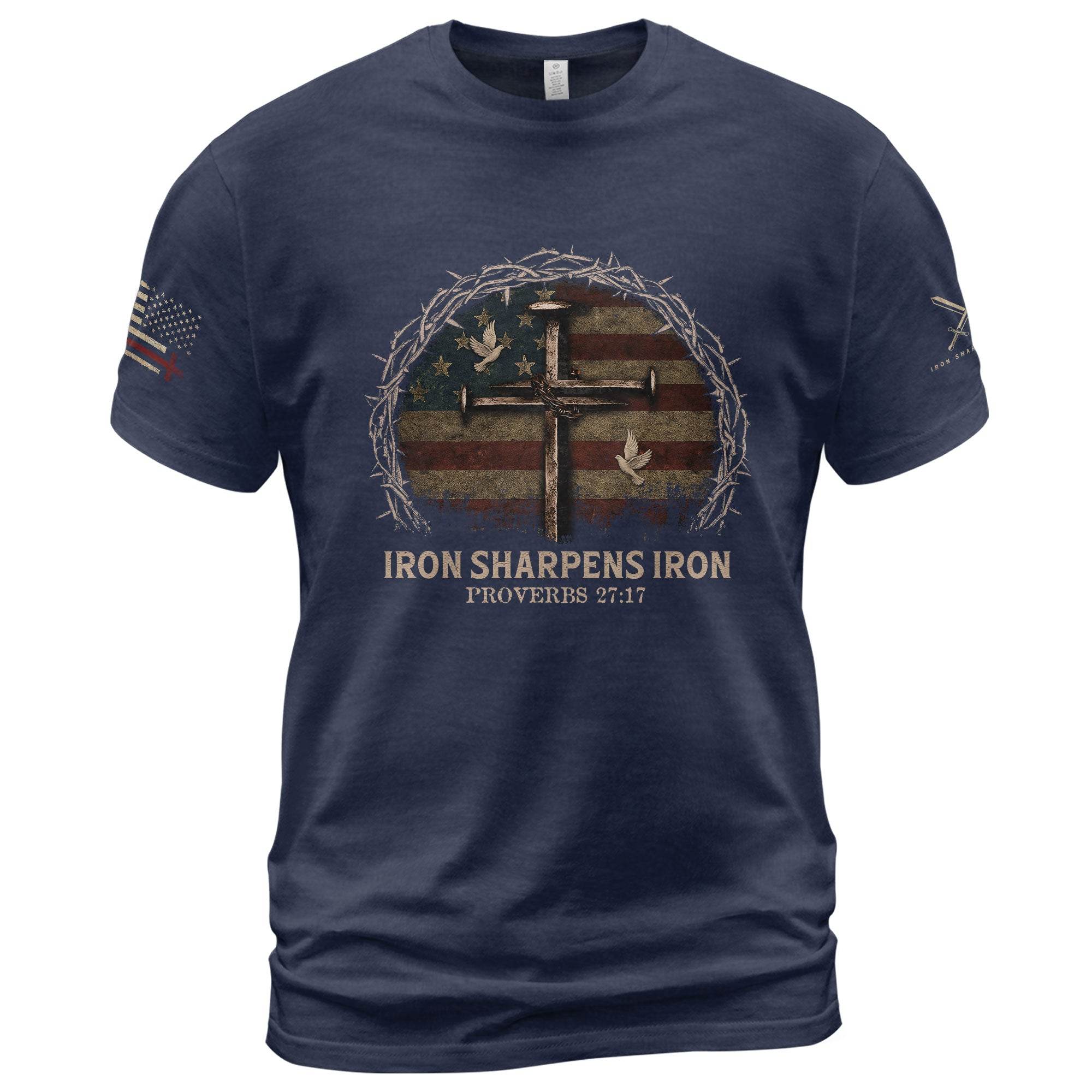 Iron Sharpens Iron Cross American Flag T-Shirt - Rust Field Wear