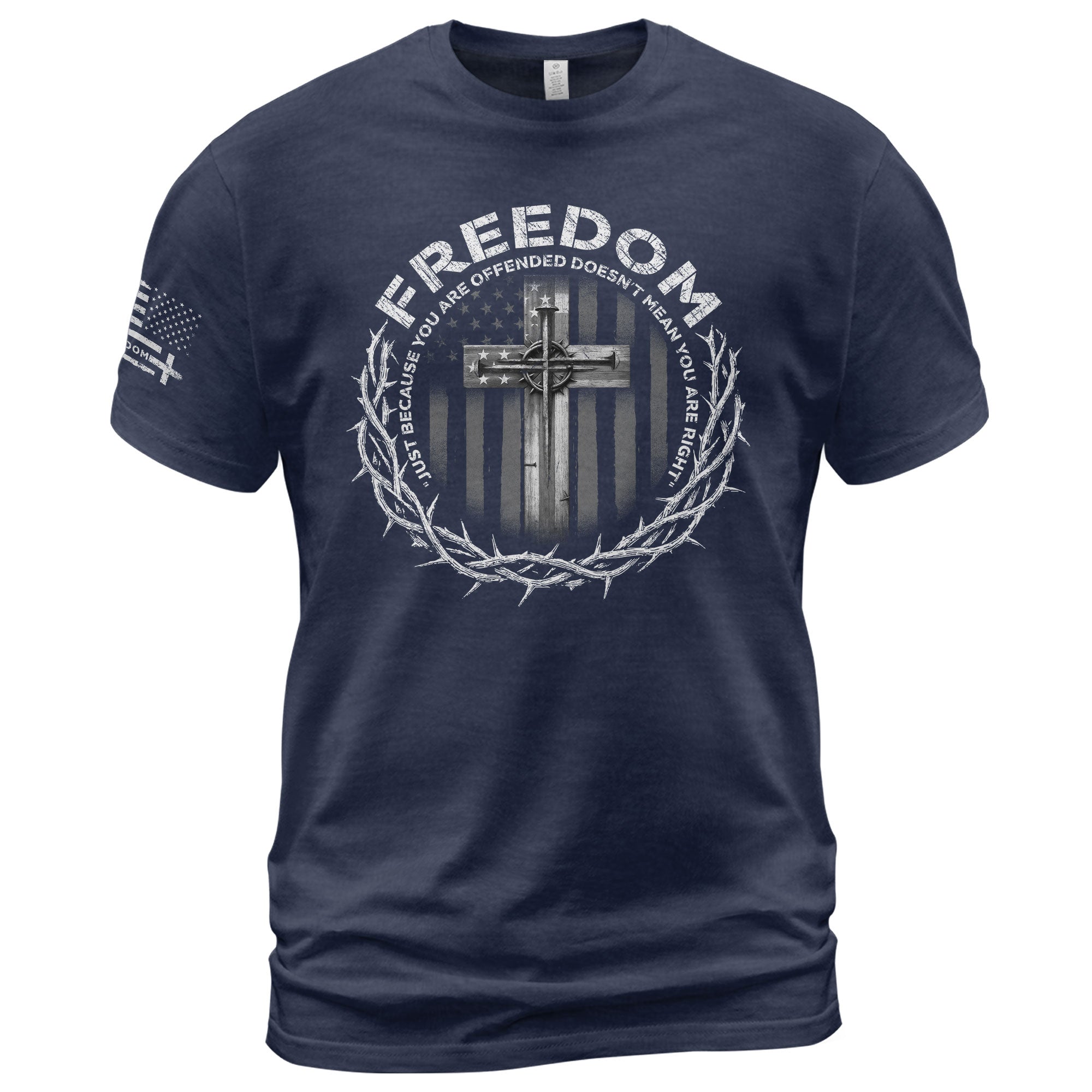 Freedom Memorial American Flag Cross with Crown of Thorns & Quote T-Shirt