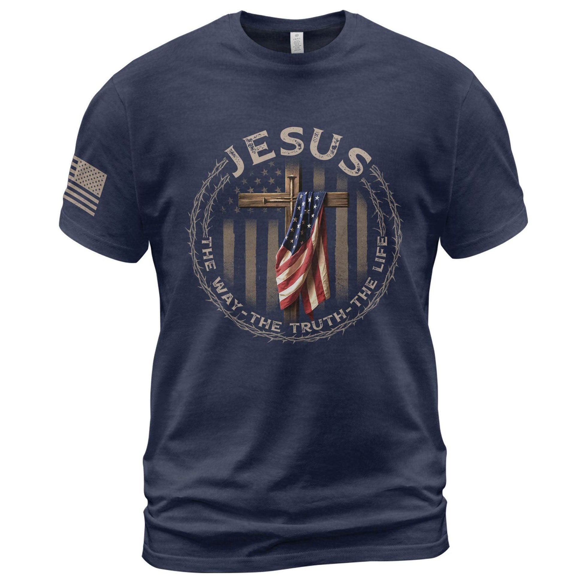 Jesus The Way The Truth The Life T-Shirt – American Flag Cross & Crown of Thorns Design - Rust Field Wear