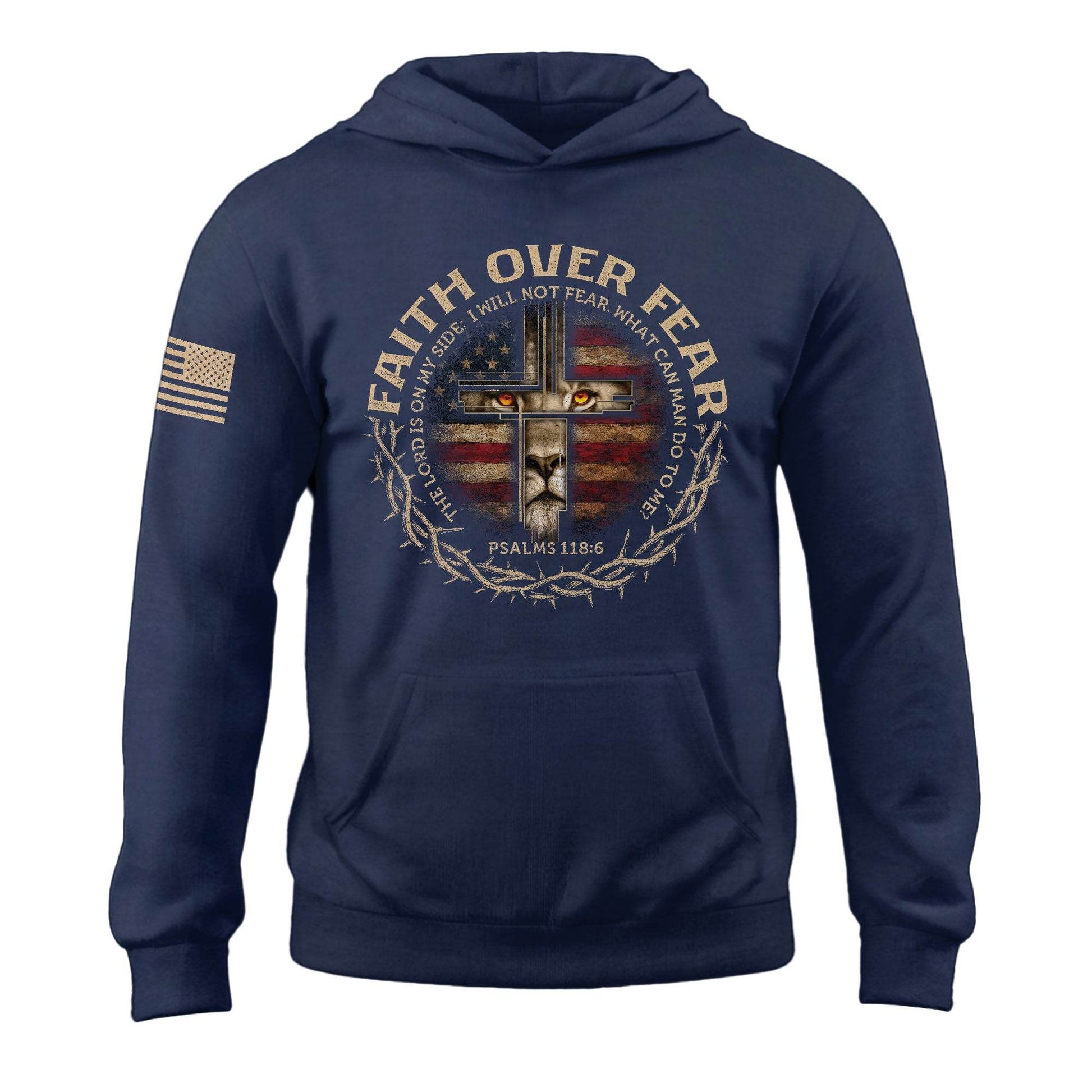 Faith Over Fear Lion Cross American Flag Hoodie - Rust Field Wear