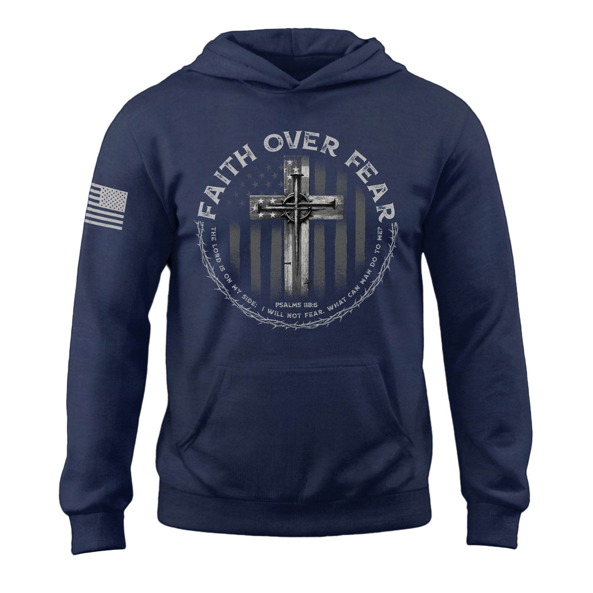 Faith Over Fear Cross American Flag Hoodie - Rust Field Wear