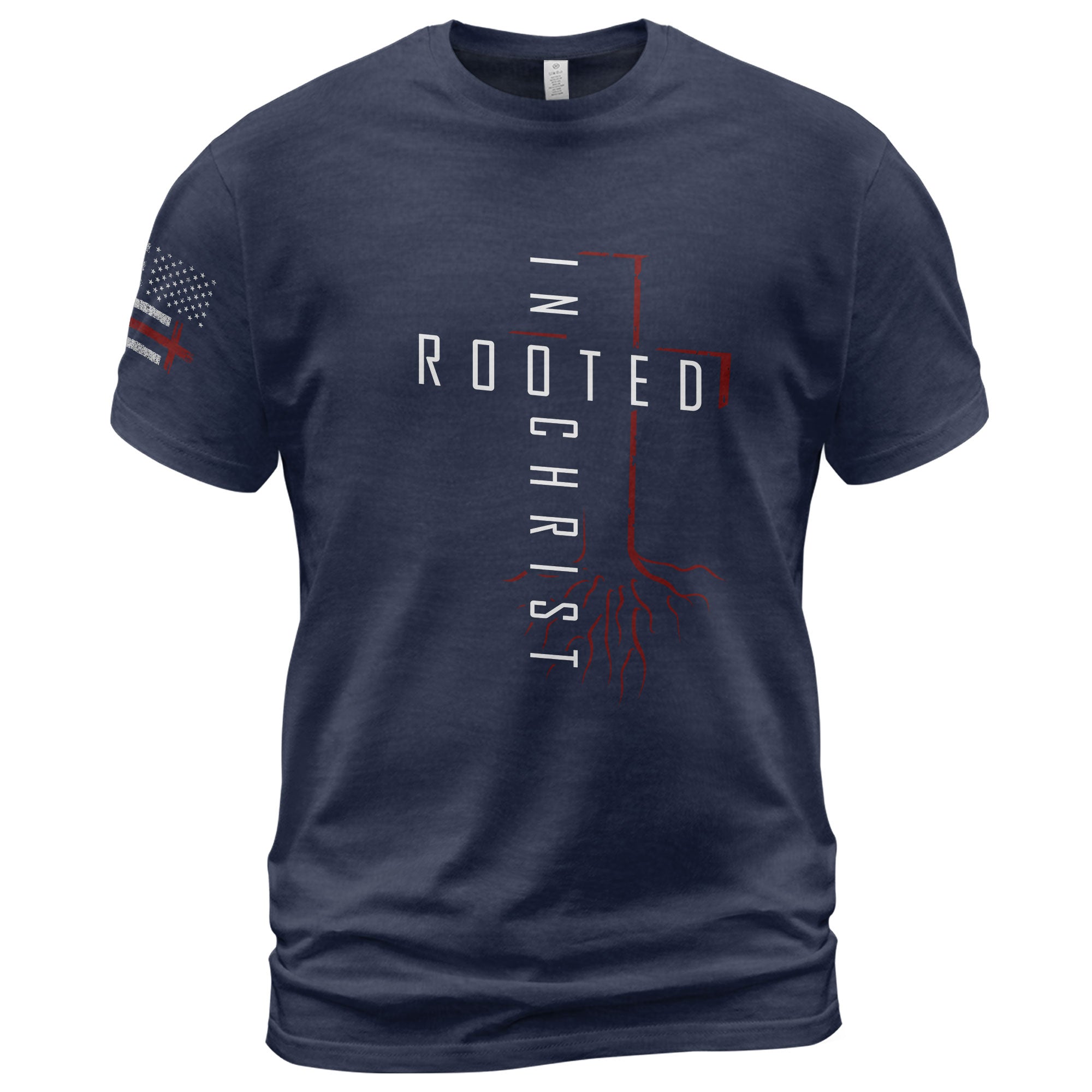 Rooted In Christ Red Cross and Roots Christian T-Shirt