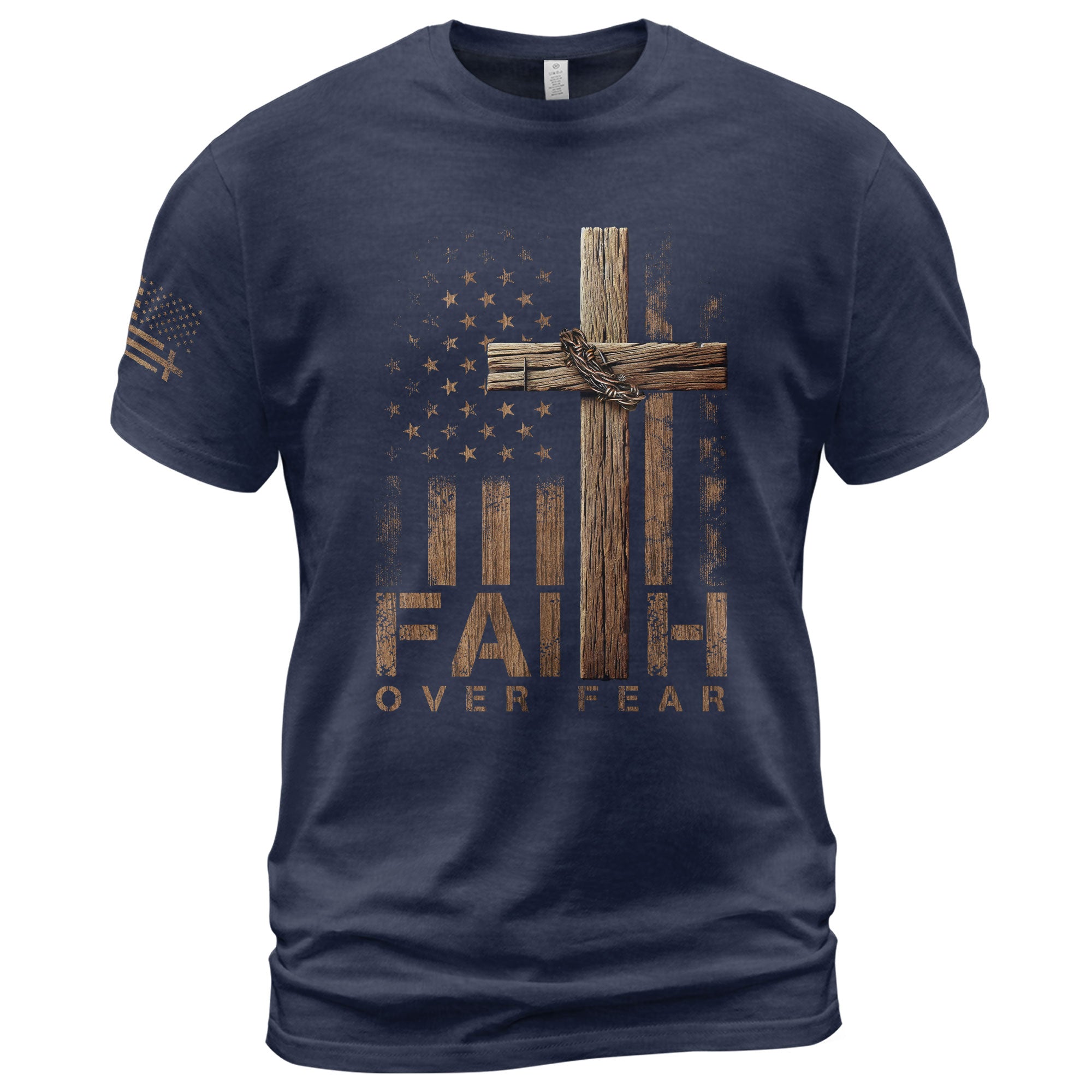 Faith Over Fear Wooden Cross American Flag Christian T-Shirt