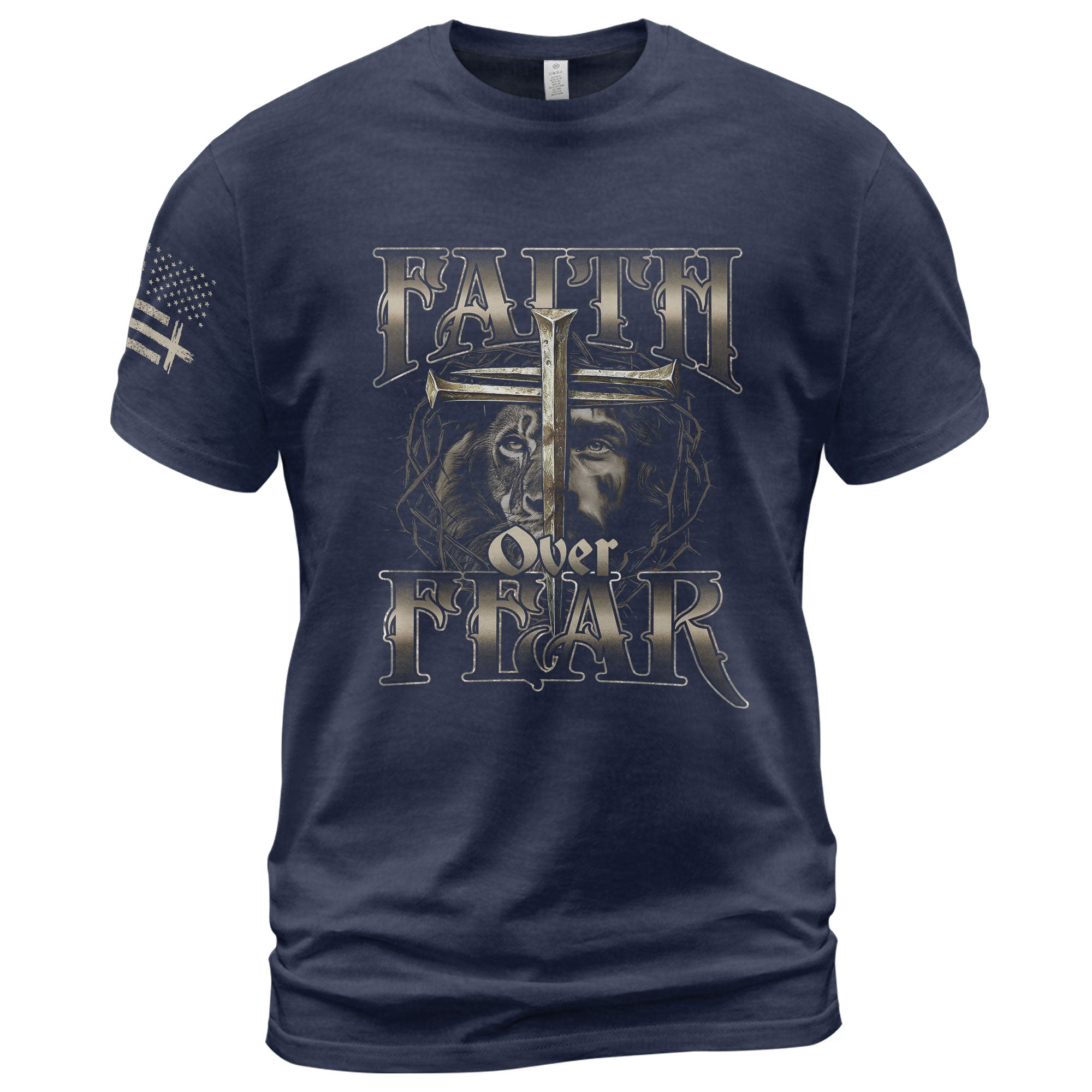 Faith Over Fear Christian T-Shirt Lion Jesus Cross Crown Design