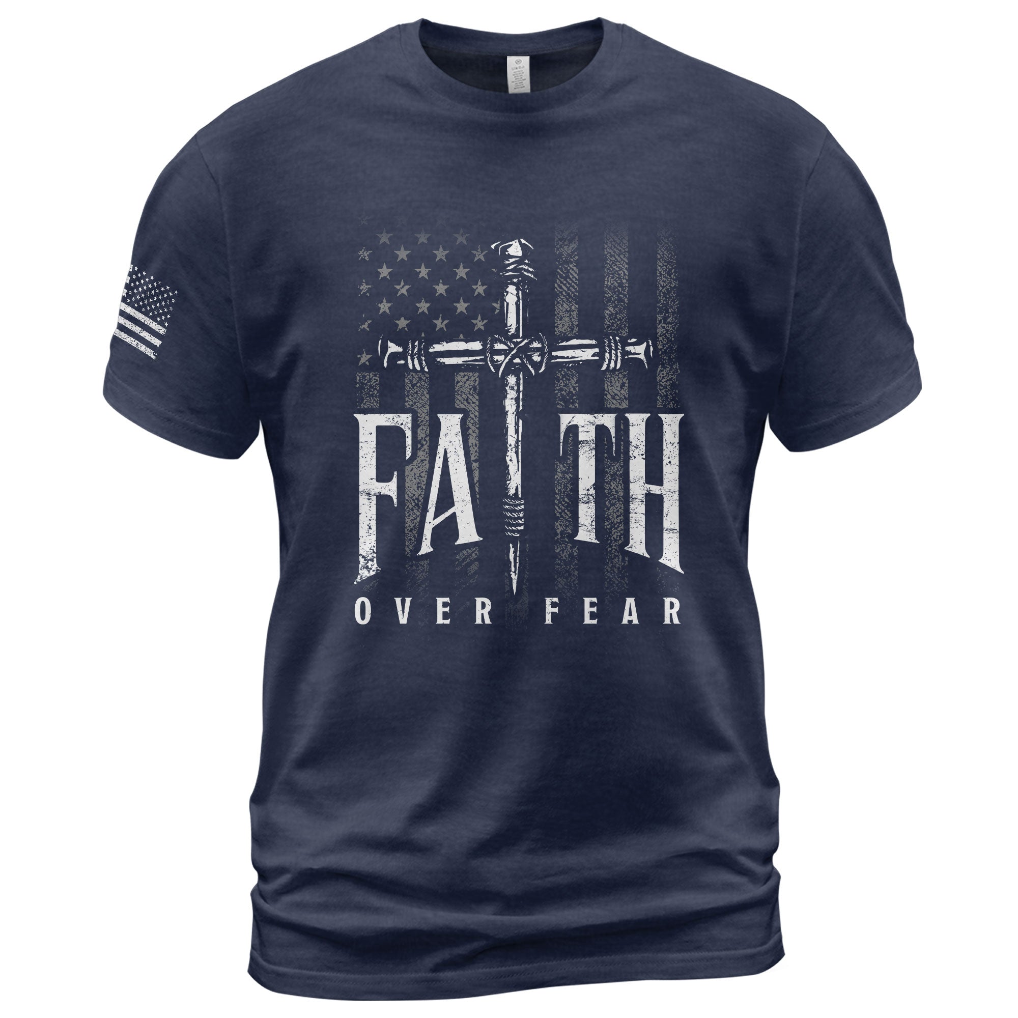 Faith Over Fear Christian T-Shirt American Flag Cross Sword Design