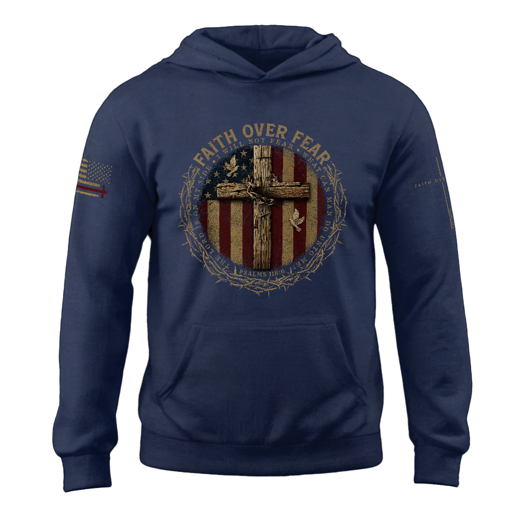 Faith Over Fear Christian Hoodie American Flag Cross Design Religious