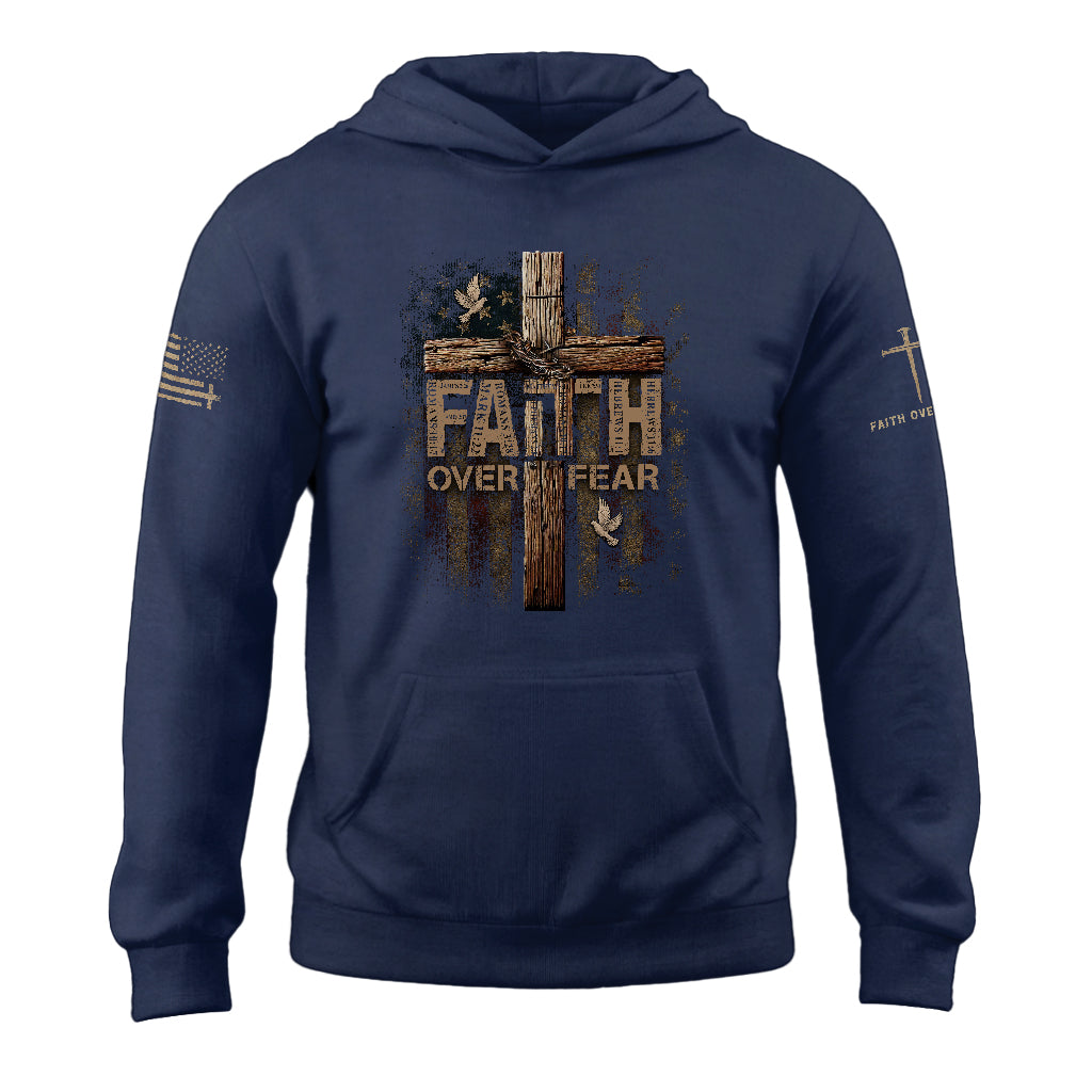 Faith Over Fear Christian Hoodie Bible Verse American Flag Cross Design