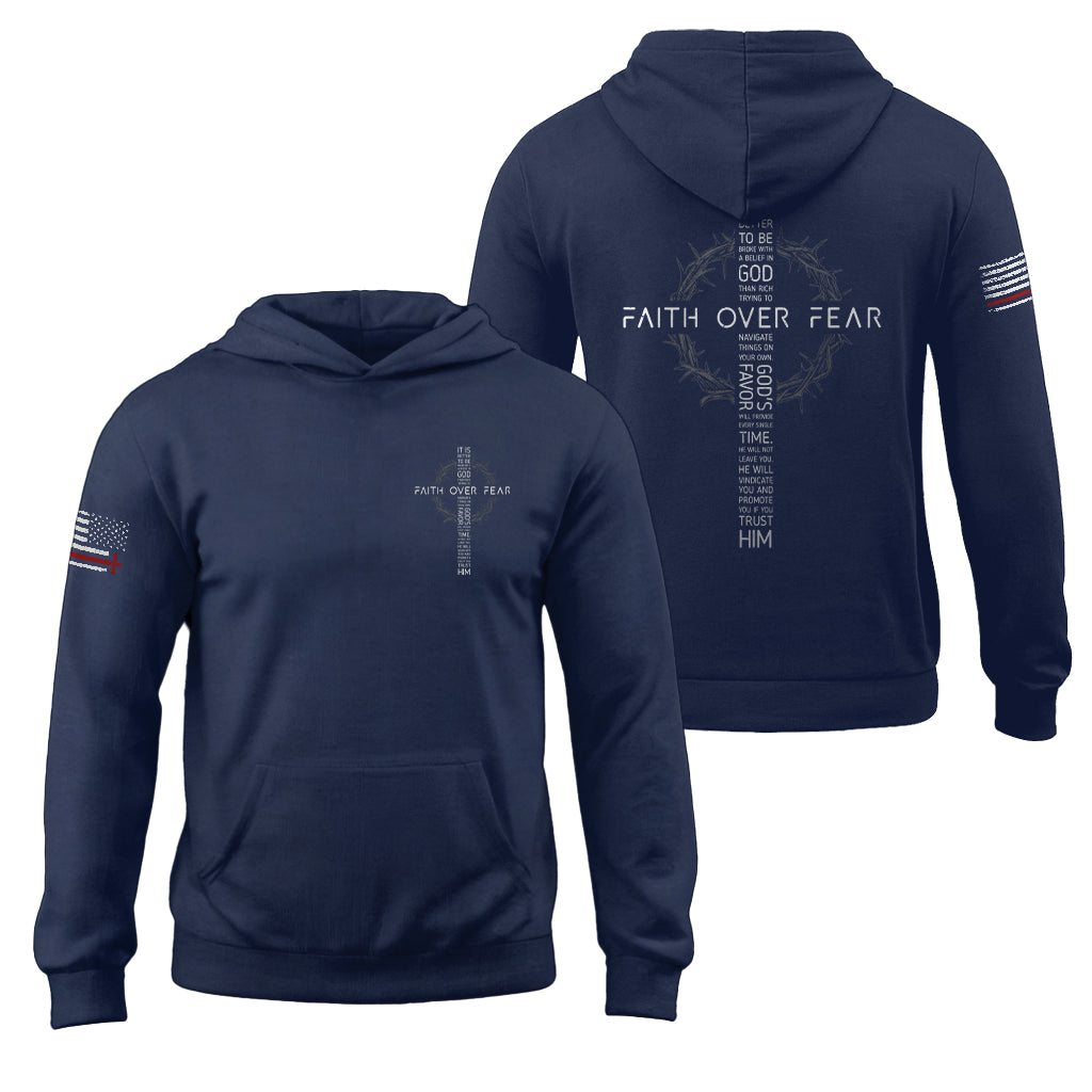 Faith Over Fear Christian Hoodie Patriotic American Flag Cross Design