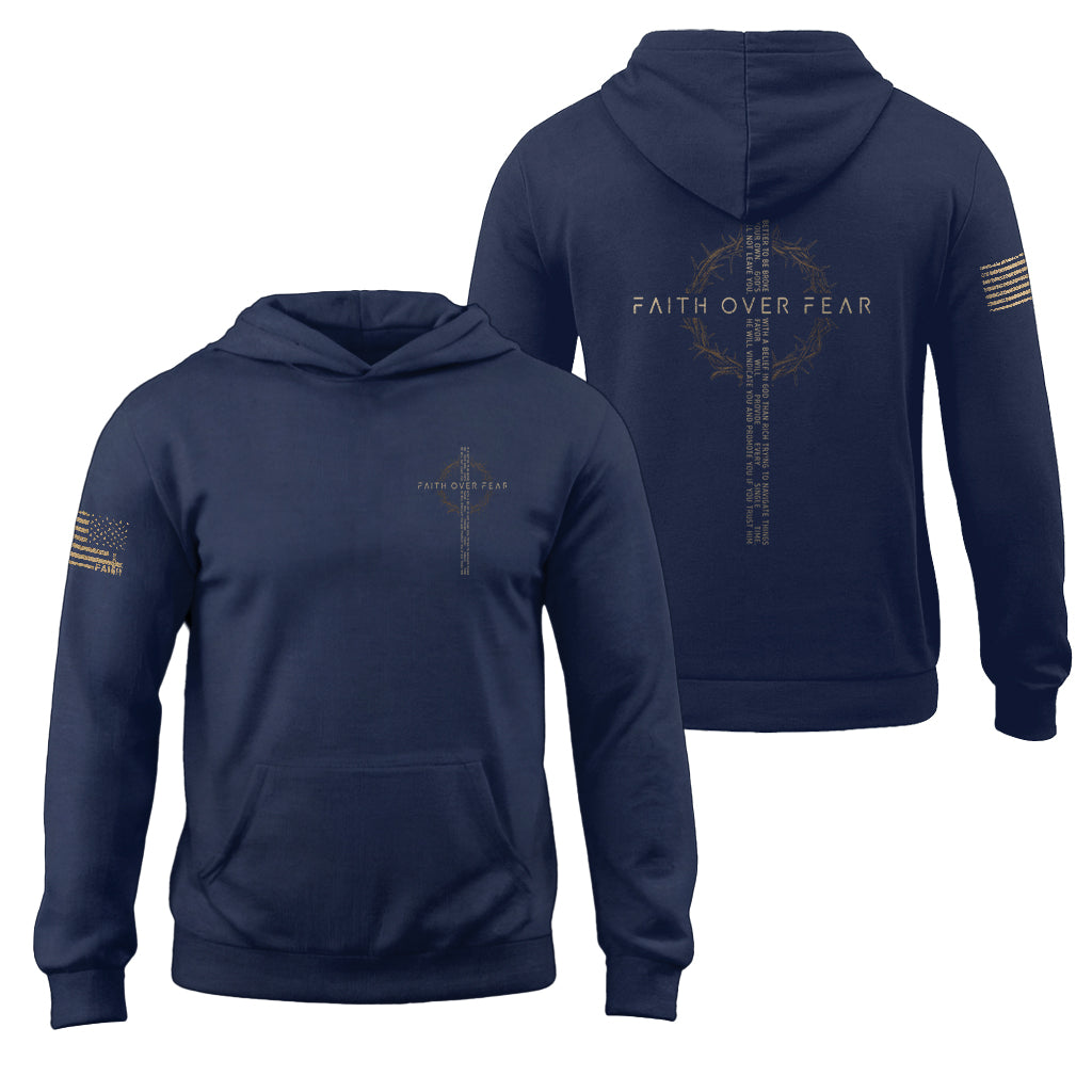 Faith Over Fear Christian Hoodie American Flag Gold Cross Design Religious