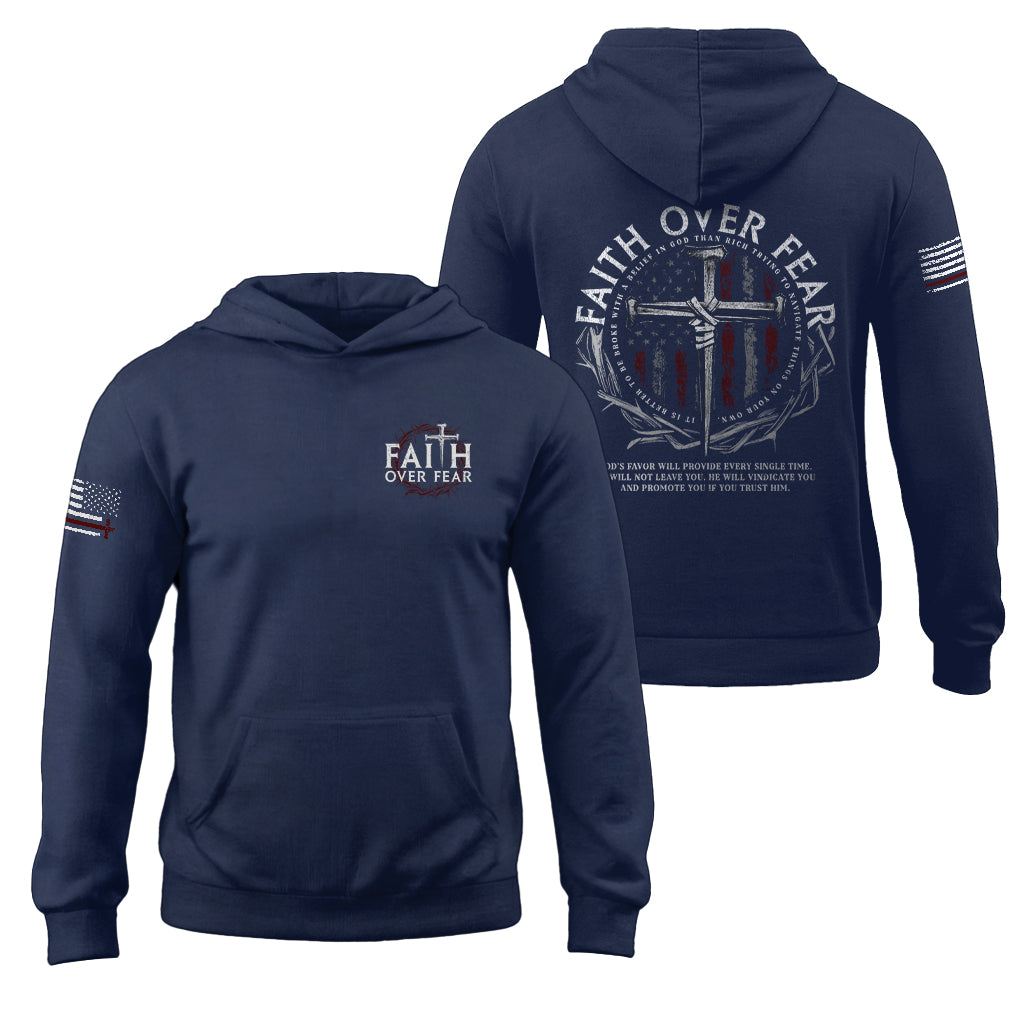 Faith Over Fear Christian Hoodie Nail Cross American Flag Design