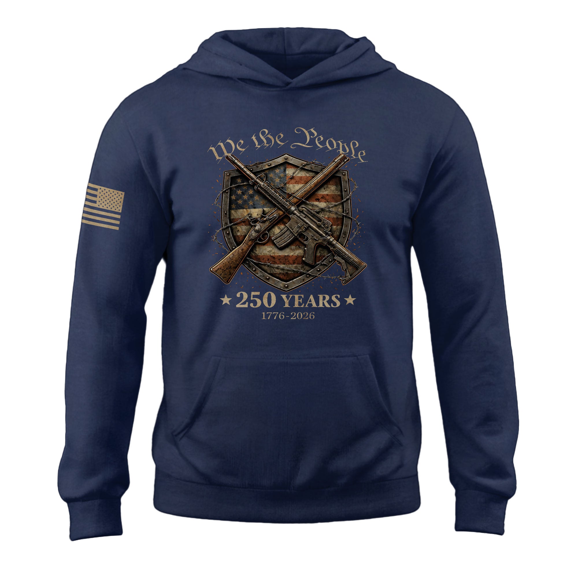USA 250th Anniversary Semiquincentennial Hoodie 1776-2026 We The People Mental Strength Shield Rifles Patriotic Mens