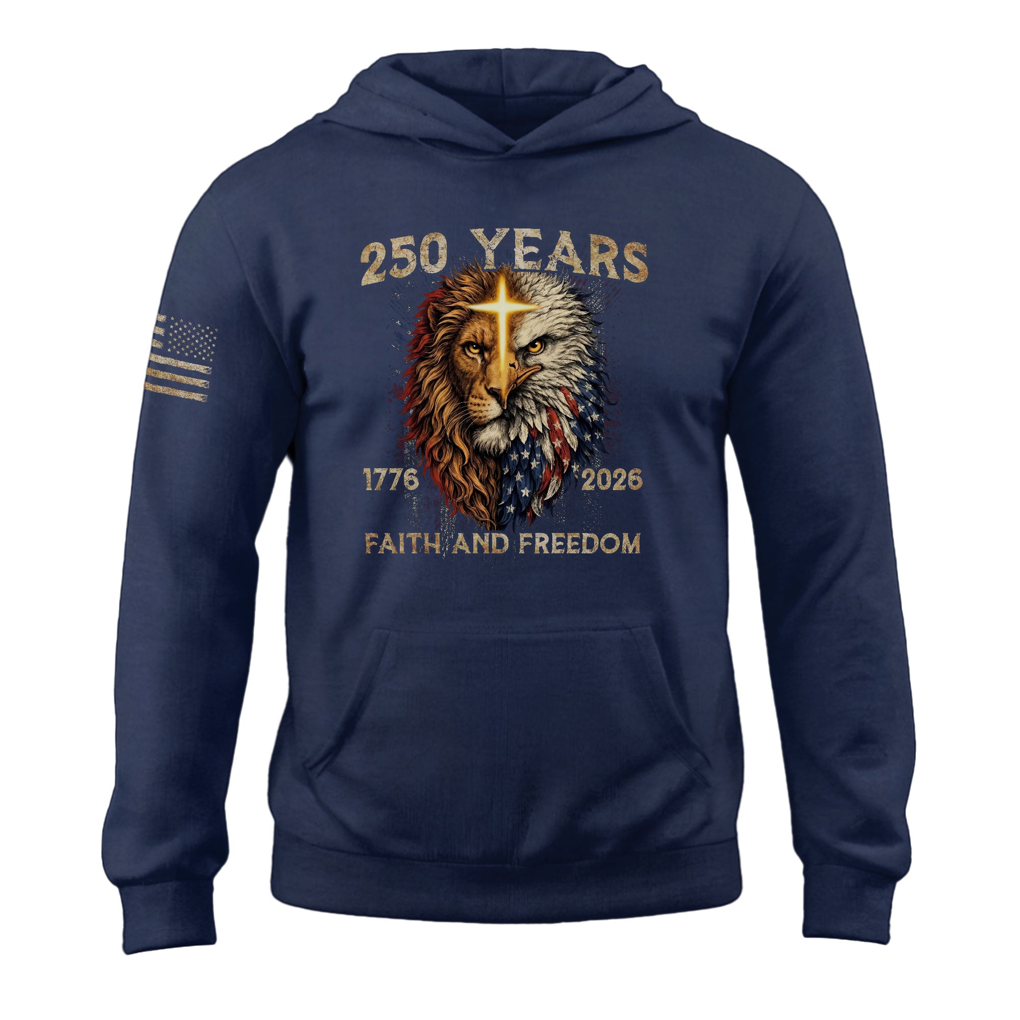 USA 250th Anniversary 1776-2026 Semiquincentennial Hoodie – Christian Faith and Freedom Lion of Judah American Flag Men’s Apparel
