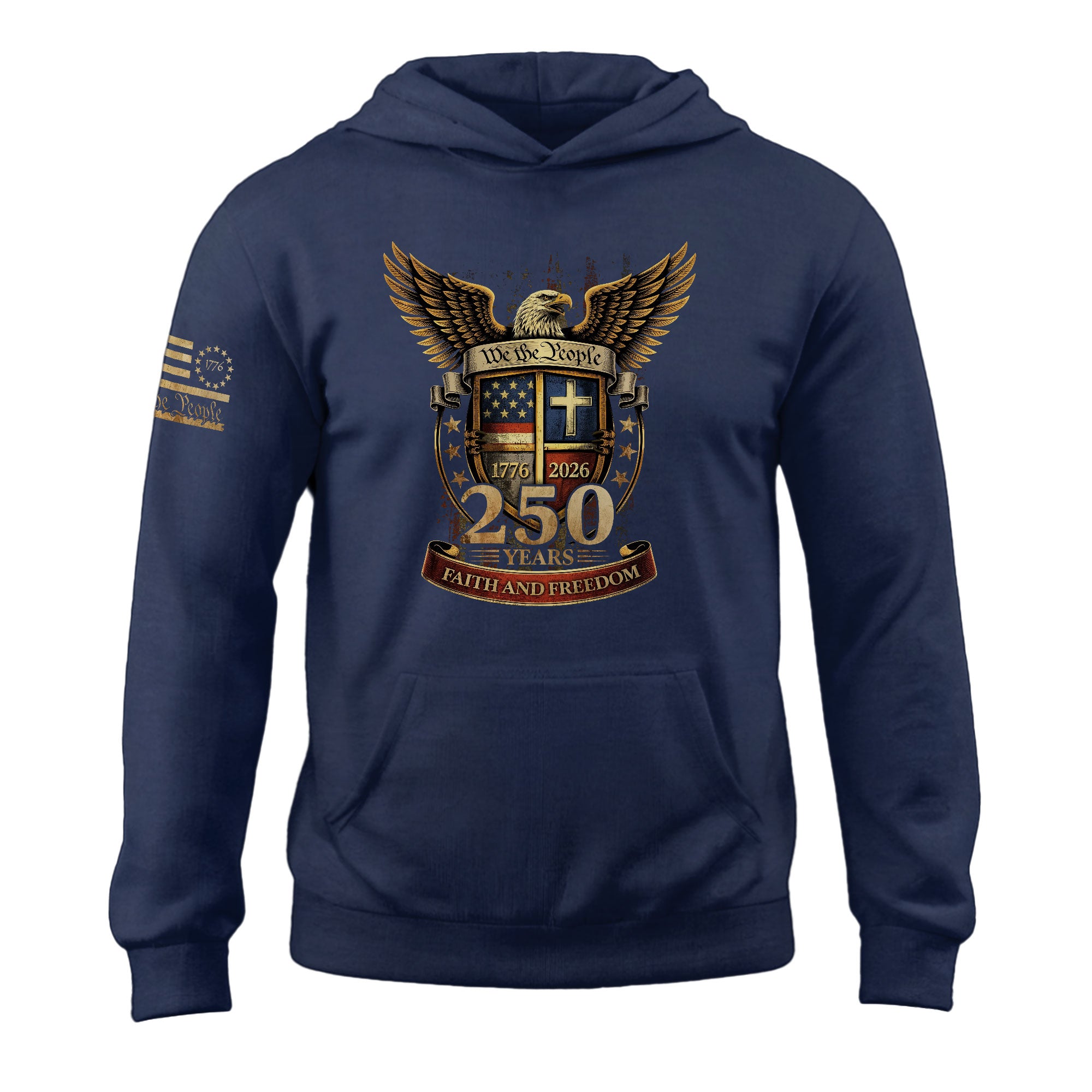 America 250th Anniversary 1776-2026 Semiquincentennial Hoodie – Patriotic Faith and Freedom Cross Shield Flag Men’s Hoodie