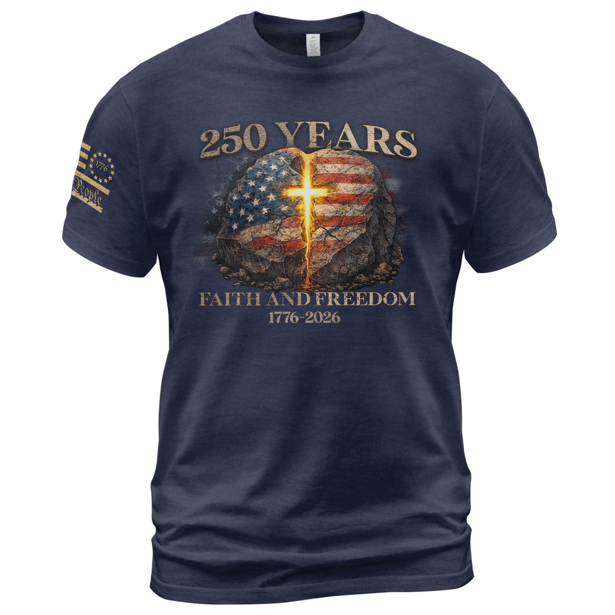 Faith and Freedom 250 Years T-Shirt - Glowing Cross & American Flag Rock Graphic Tee