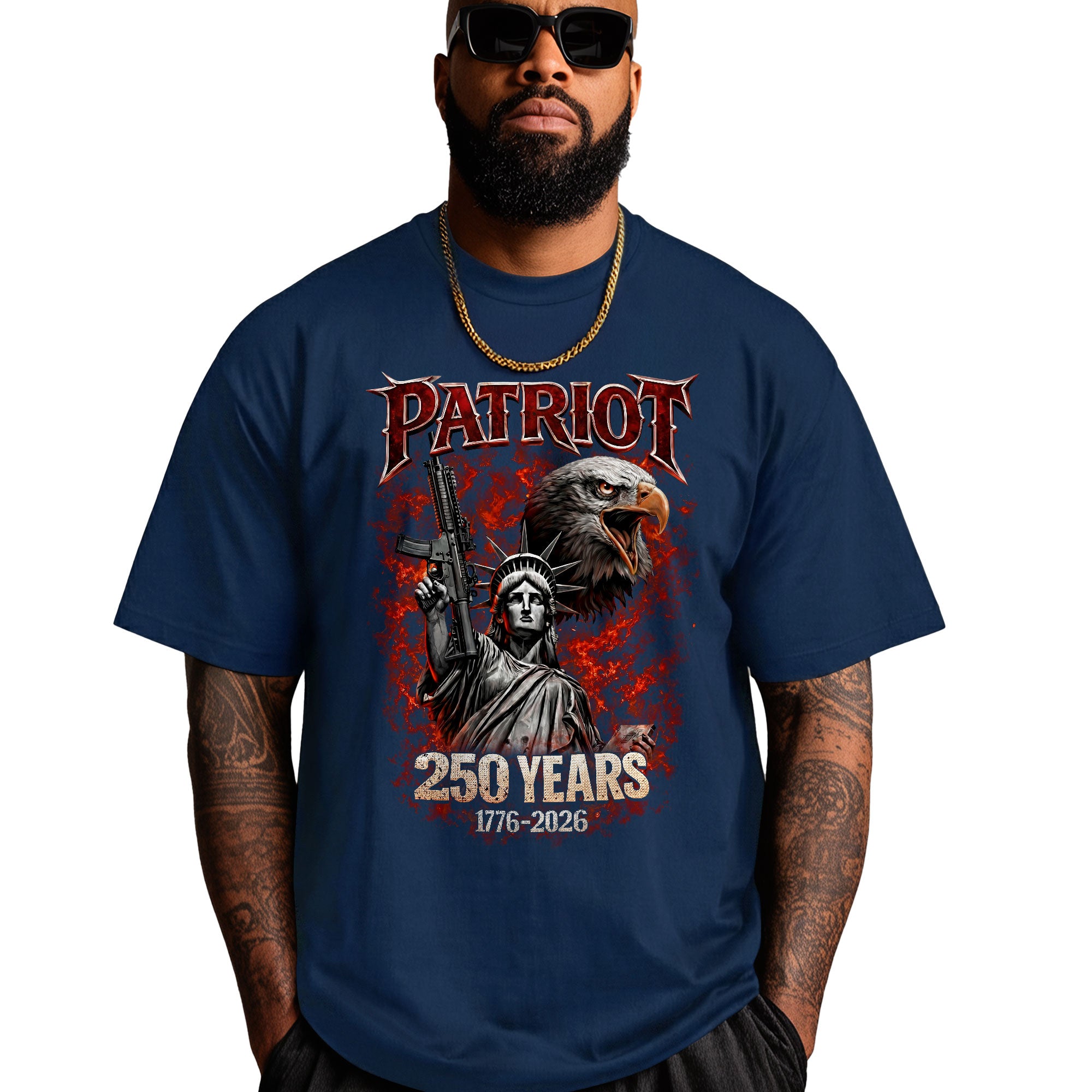Patriot 250 Years Bootleg Tee – Liberty, Eagle & Firepower Street Graphic