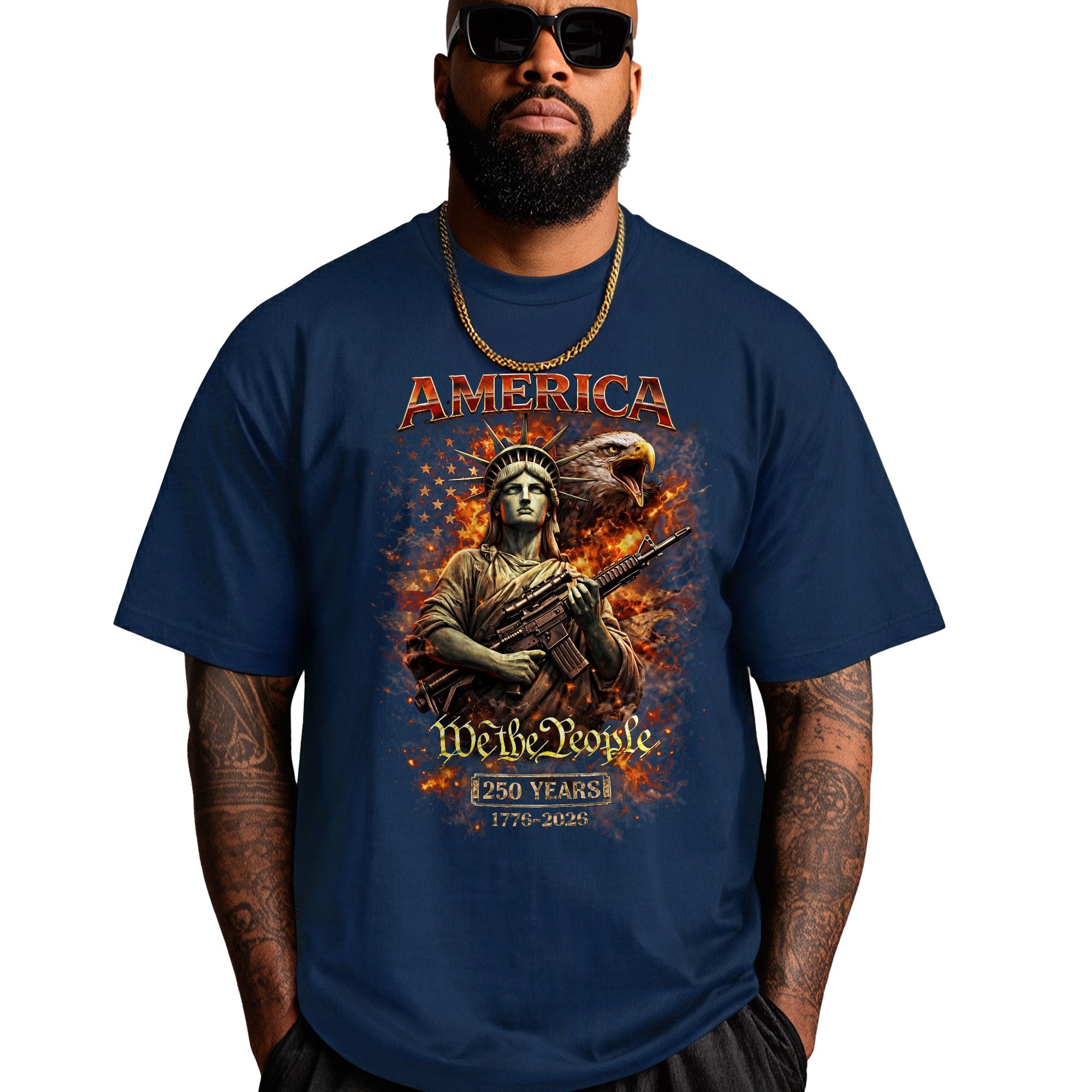 America We The People Bootleg Tee – Liberty Armed, Eagle Fire & 250 Years Chaos
