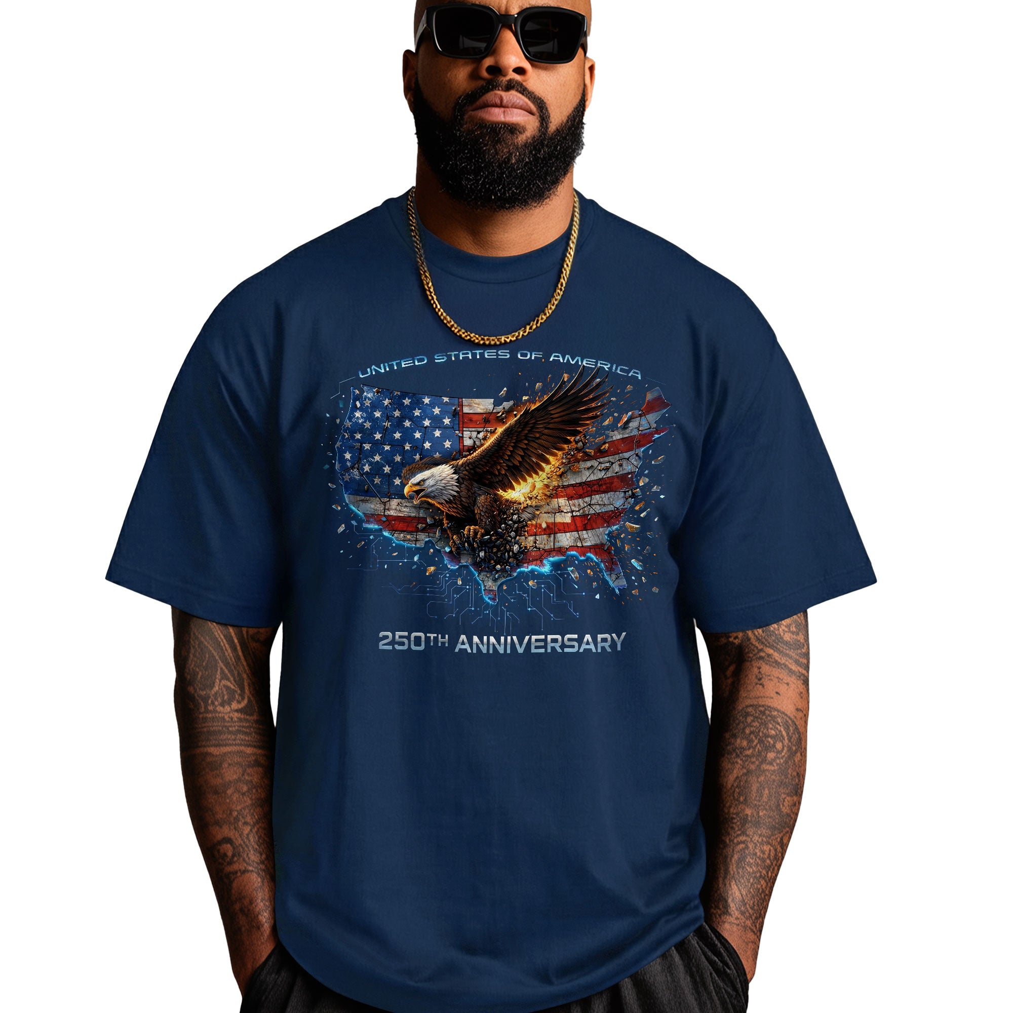 Men's Bootleg Graphic T-Shirt - 250 Years America Anniversary Eagle Ripped Flag Design