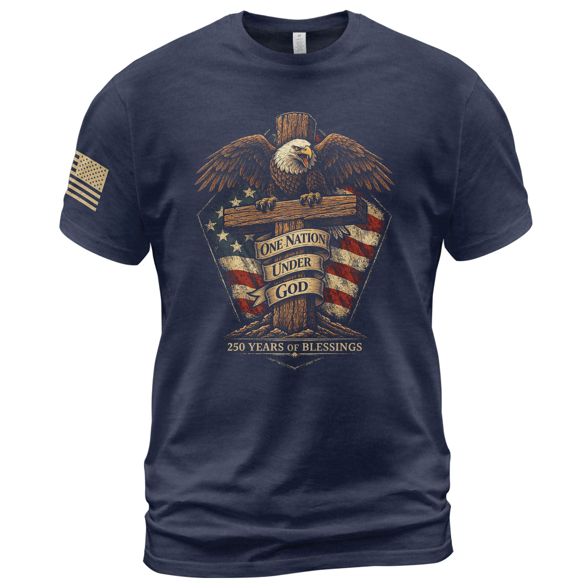 American Faith 250 Years of Blessings T-Shirt - One Nation Under God Eagle & Cross Design