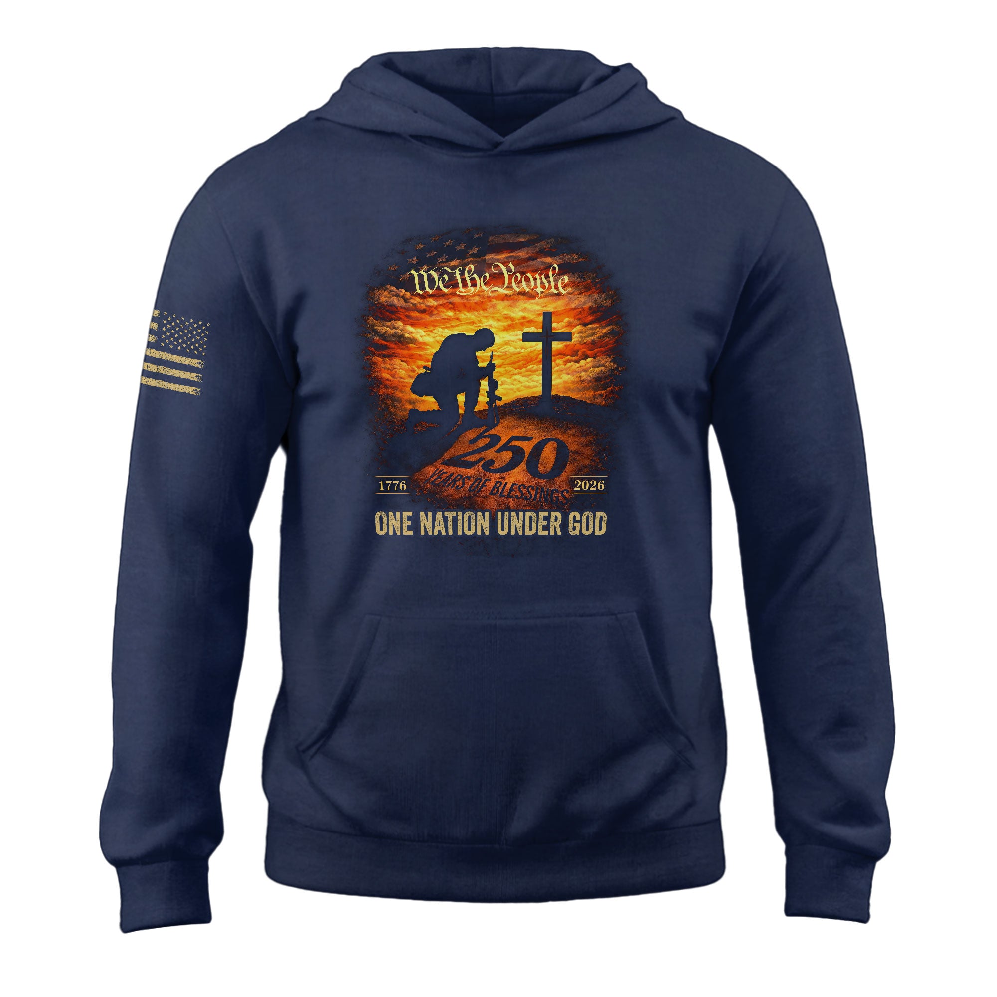 USA 250th Anniversary 1776-2026 Semiquincentennial Hoodie – One Nation Under God Kneeling Soldier Cross We The People Patriotic Apparel