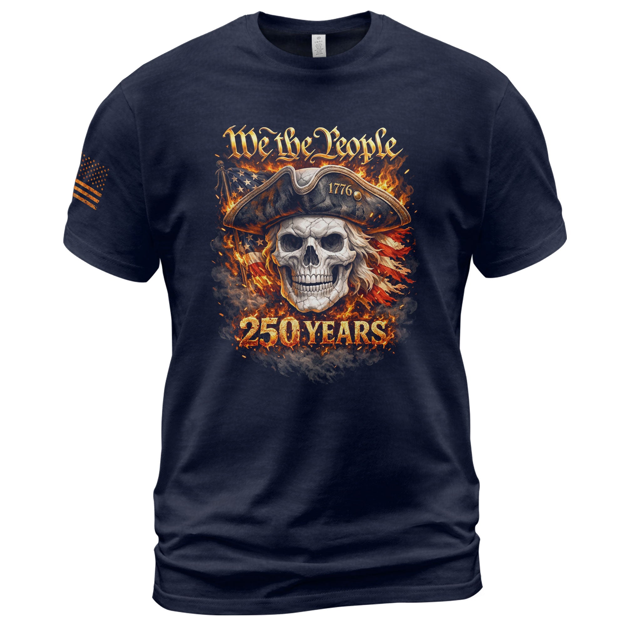 America 250 Years Patriotic Skull T-Shirt - 1776-2026 "We The People" Flaming Flag 250th Anniversary Tee