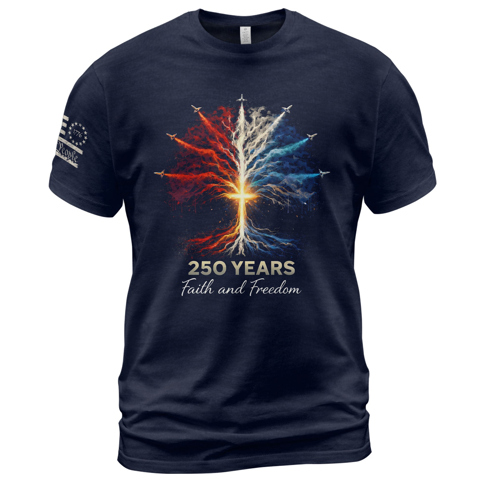 USA Semiquincentennial 250 Years Faith and Freedom 1776–2026 Patriotic Cross Fireworks T-Shirt