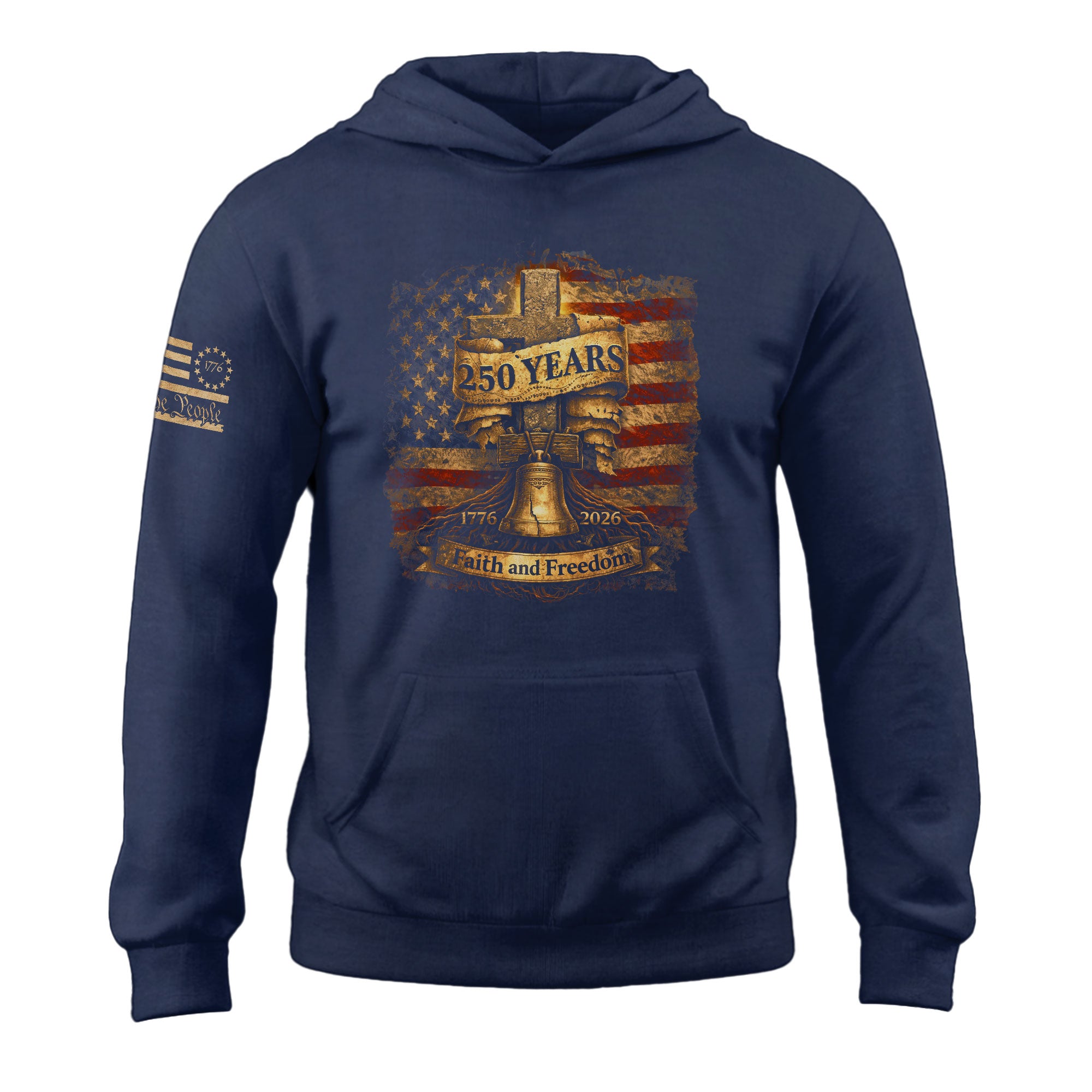 USA 250th Anniversary 1776-2026 Semiquincentennial Hoodie – Christian Faith and Freedom Cross & Liberty Bell America 250 Hoodie