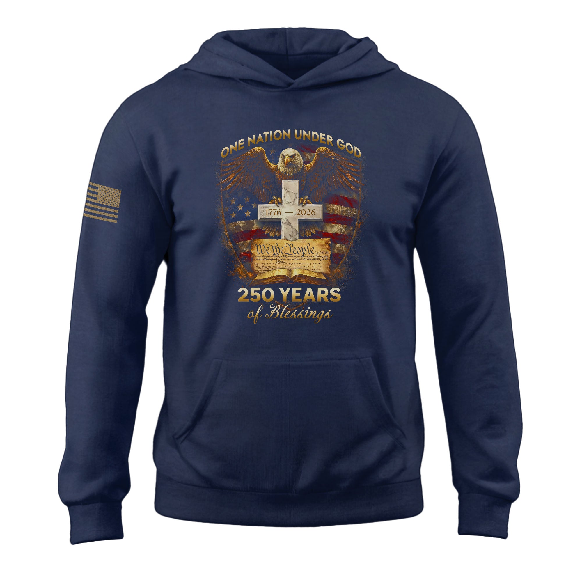 USA 250th Anniversary Hoodie 1776-2026 – Patriotic Flag Eagle & Cross One Nation Under God America Birthday Hoodie
