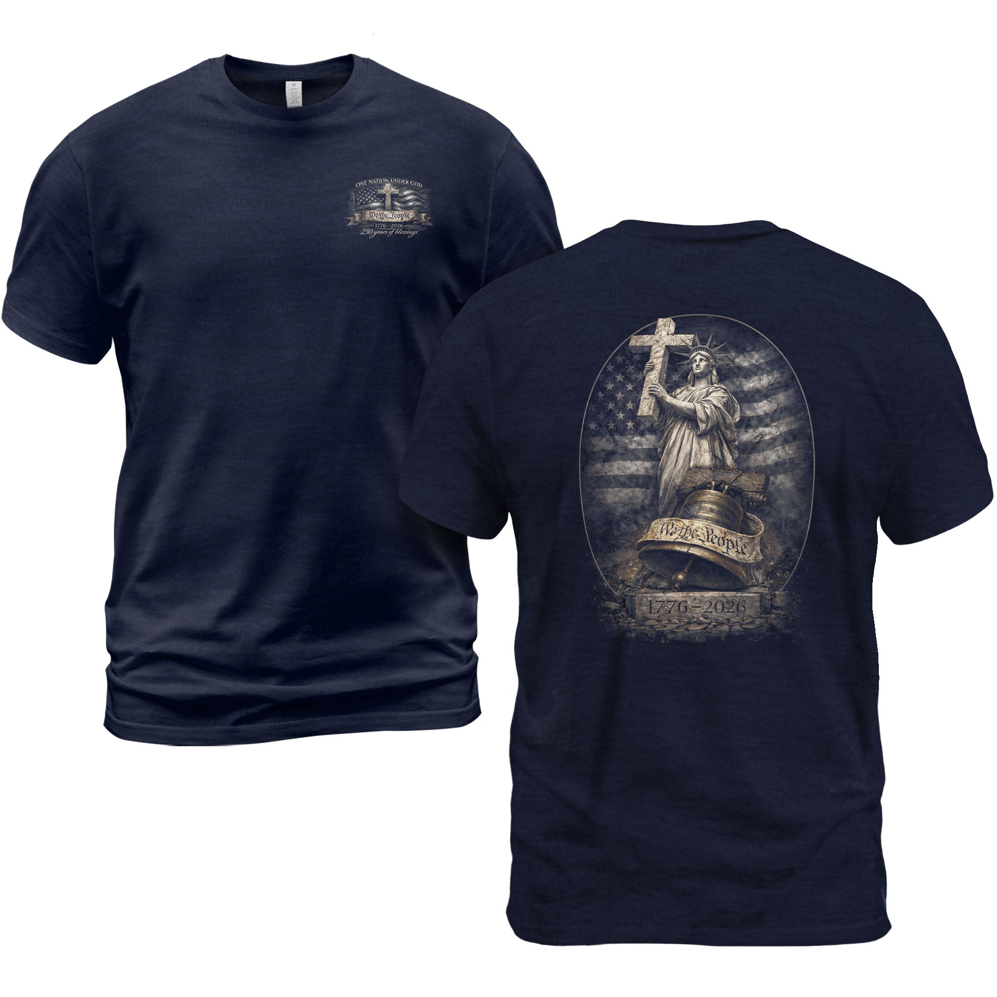 USA 250th Anniversary 1776-2026 Semiquincentennial T-Shirt – Lady Liberty Cross We The People Freedom Patriotic Flag Tee