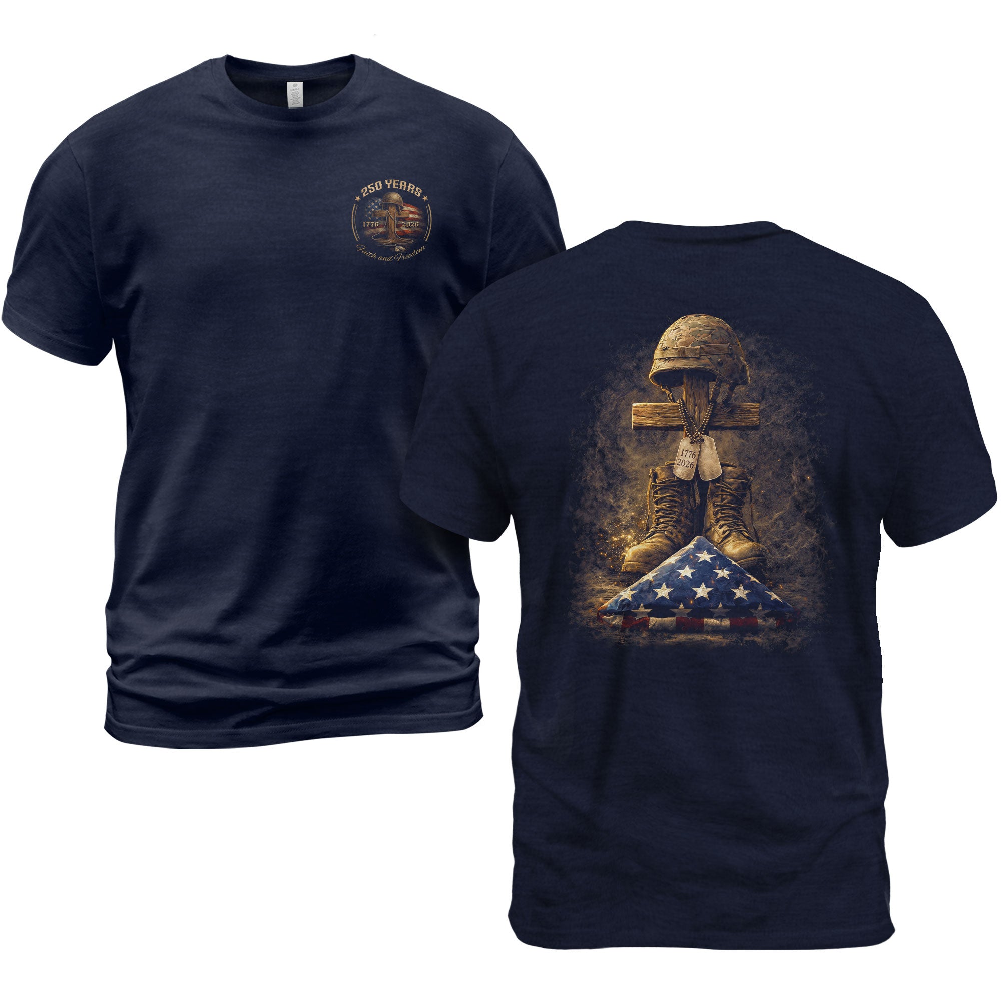 America 250th Anniversary 1776-2026 Semiquincentennial T-Shirt – 250 Years Faith and Freedom Battlefield Cross Soldier Boots Helmet Patriotic Tee