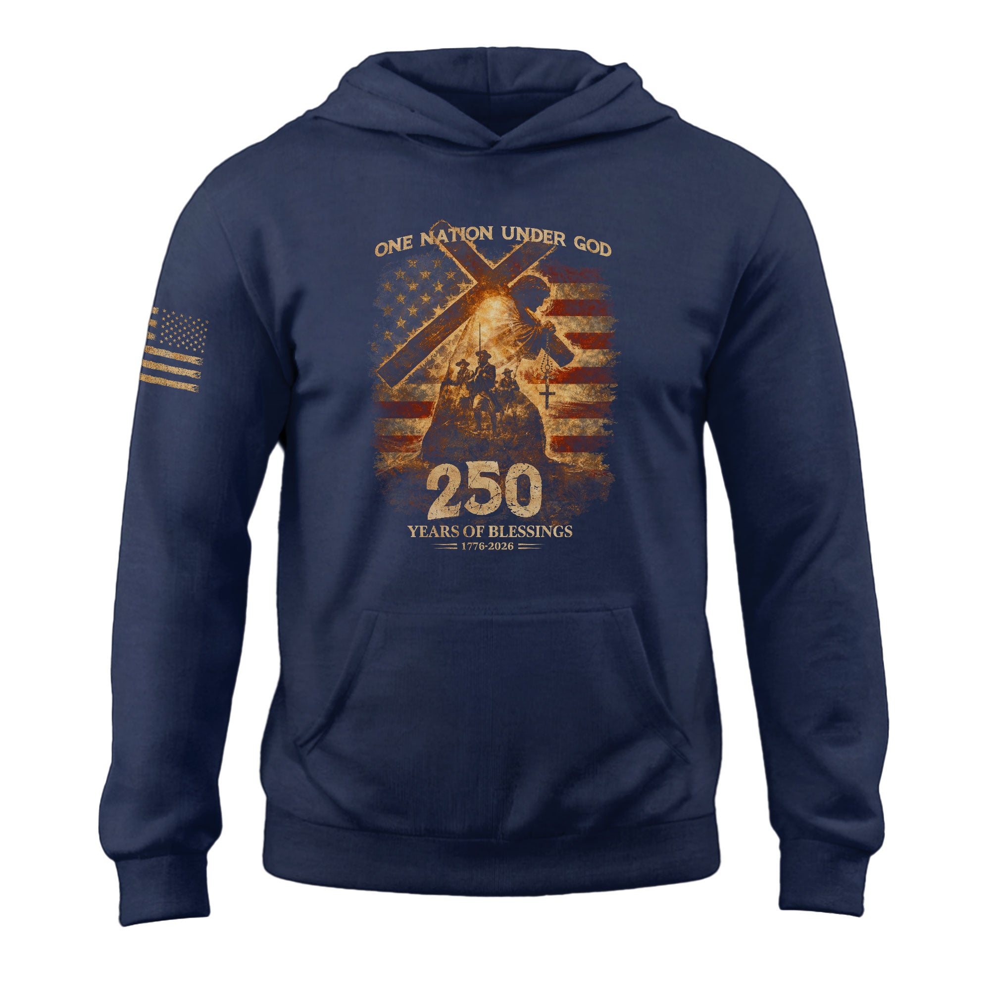 USA 250th Anniversary 1776-2026 Semiquincentennial Hoodie – One Nation Under God Jesus Carrying Cross American Flag Christian Hoodie