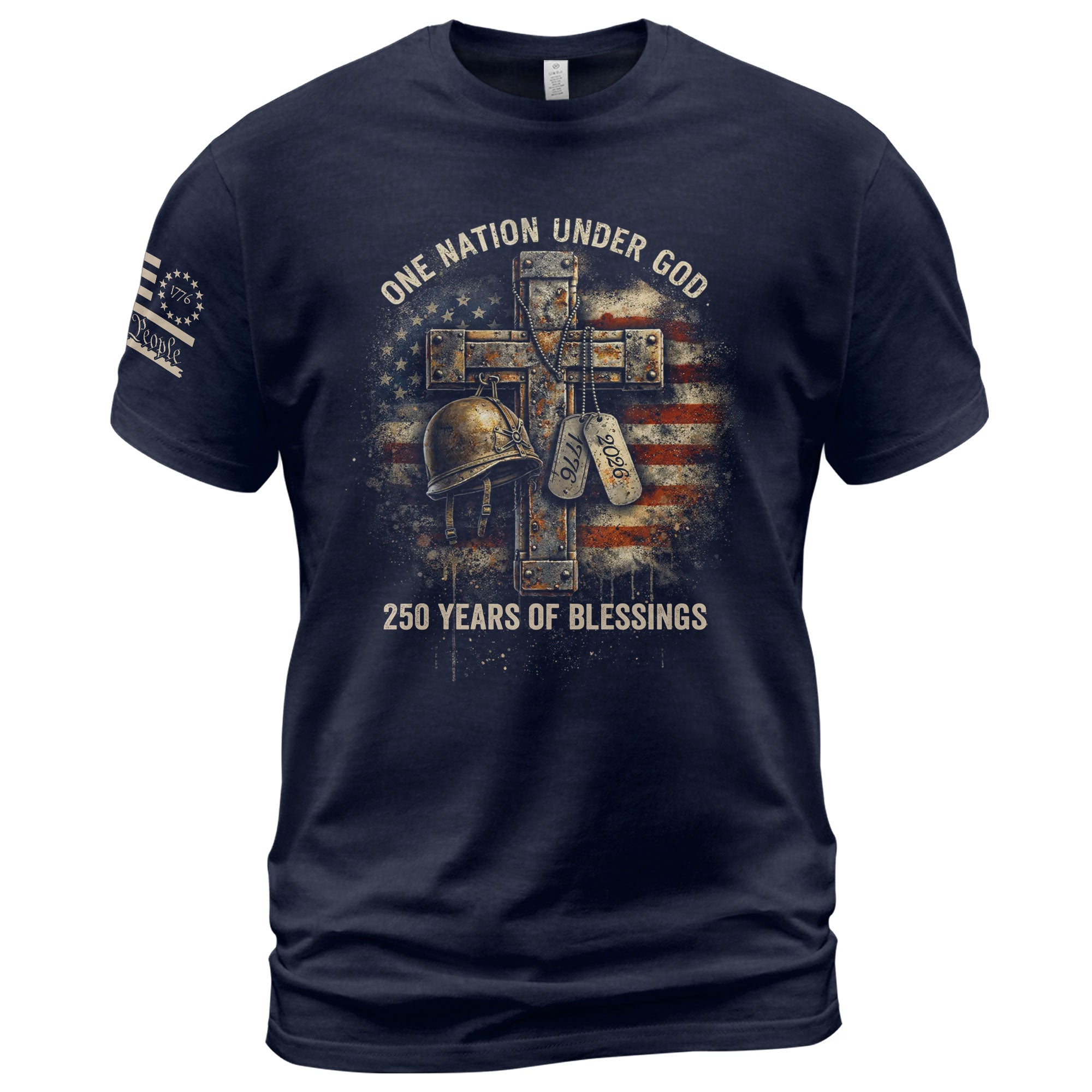 America 250th Anniversary 1776-2026 T-Shirt – Patriotic Veteran Christian Cross & Dog Tags 250 Years of Blessings Semiquincentennial Tee