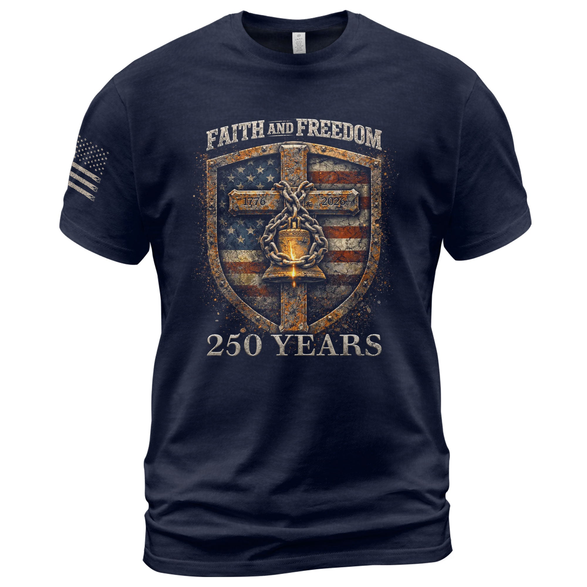 America 250th Anniversary 1776-2026 Semiquincentennial T-Shirt – Shield of Faith Freedom Christian Liberty Bell Patriotic Shirt for Men