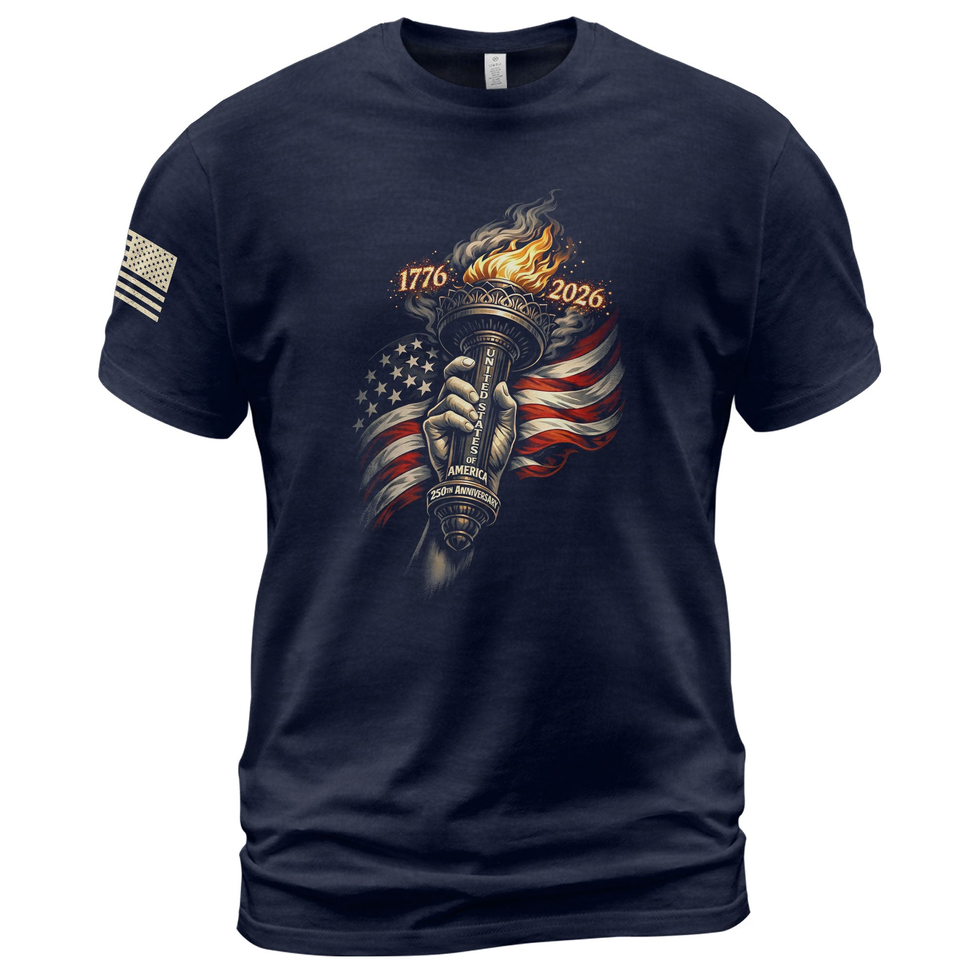 1776-2026 250th Anniversary Patriotic T-Shirt – Statue of Liberty Torch & USA Flag Freedom Tee