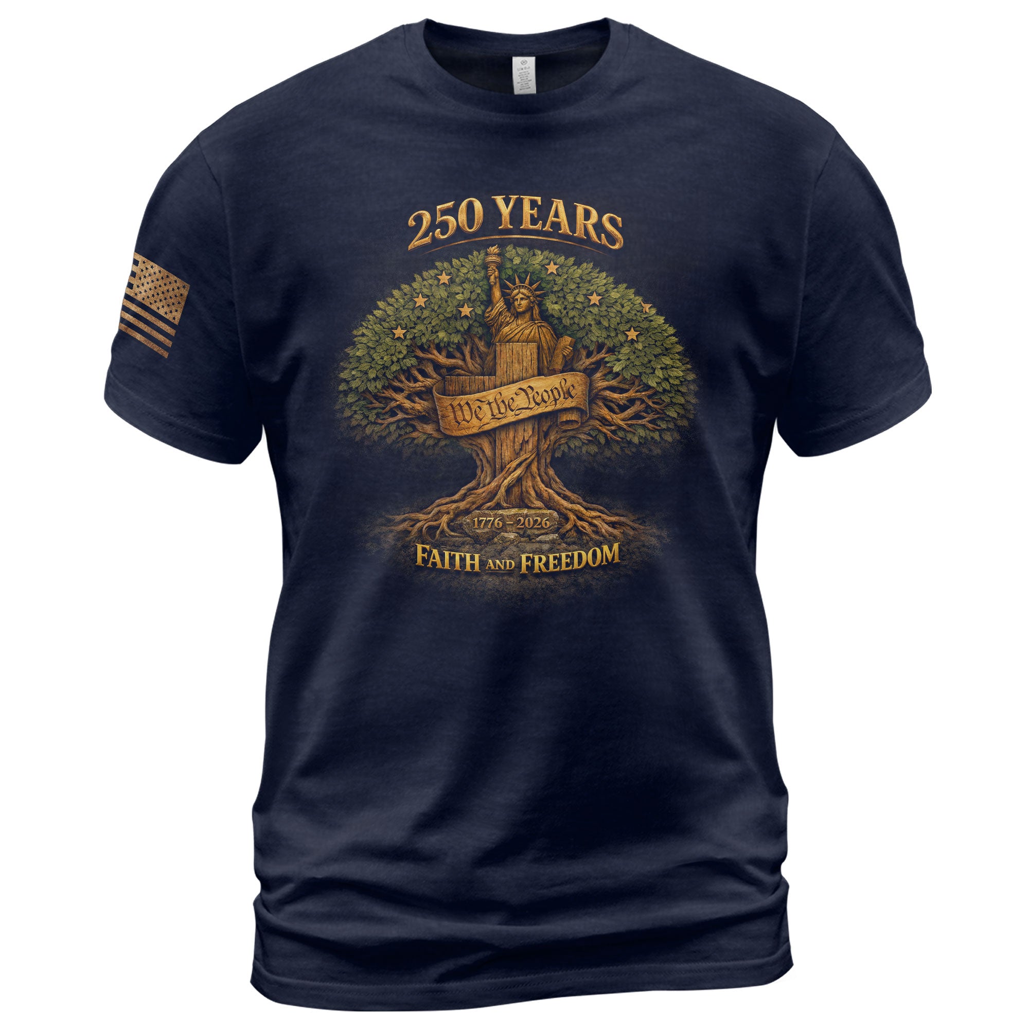 America 250th Anniversary 1776-2026 Semiquincentennial Shirt – Faith And Freedom Statue of Liberty & Cross Tree of Liberty Christian Patriotic Tee