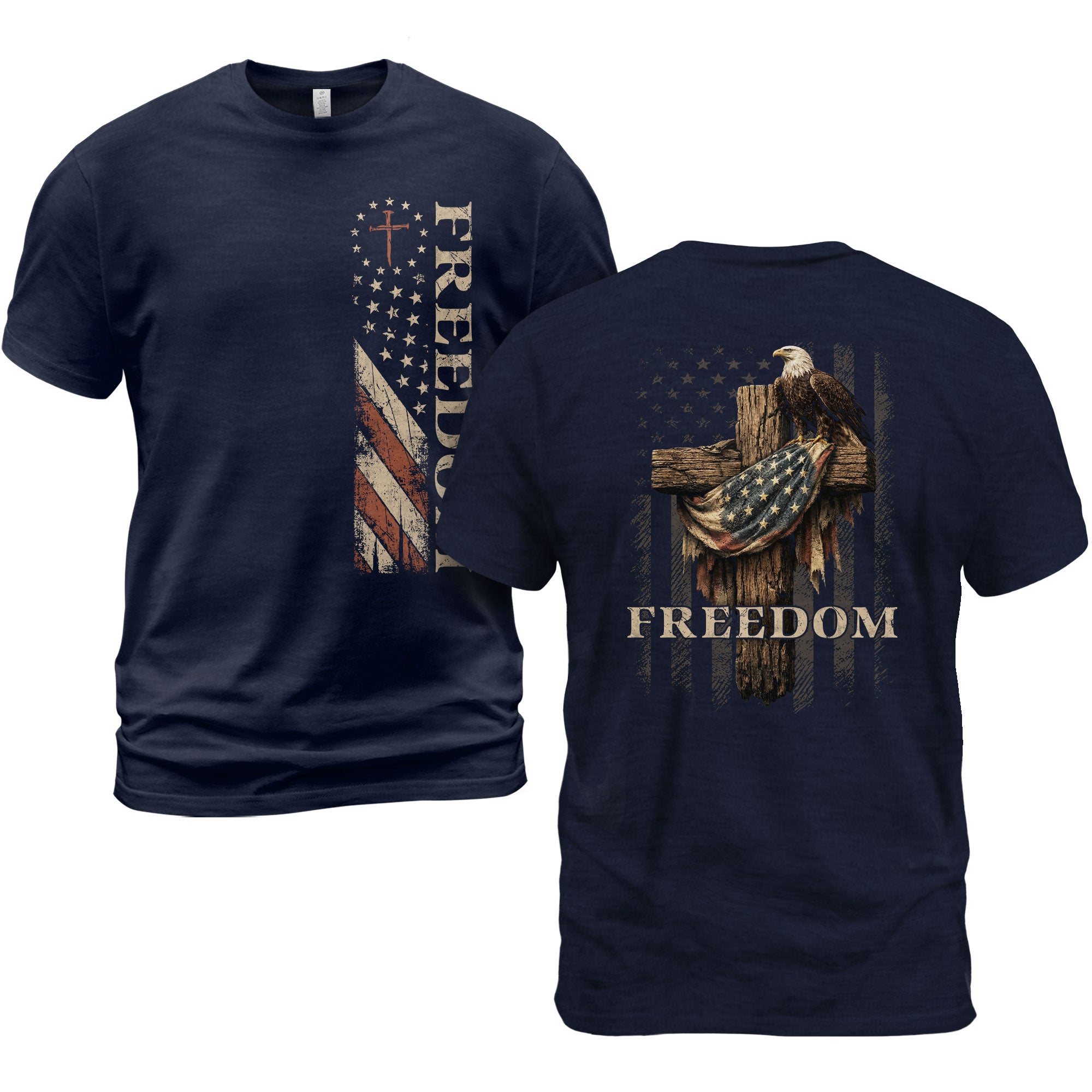 Vintage Freedom 2D Eagle Cross T-Shirt - Retro US Flag Graphic Tee & Patriotic Wooden Cross