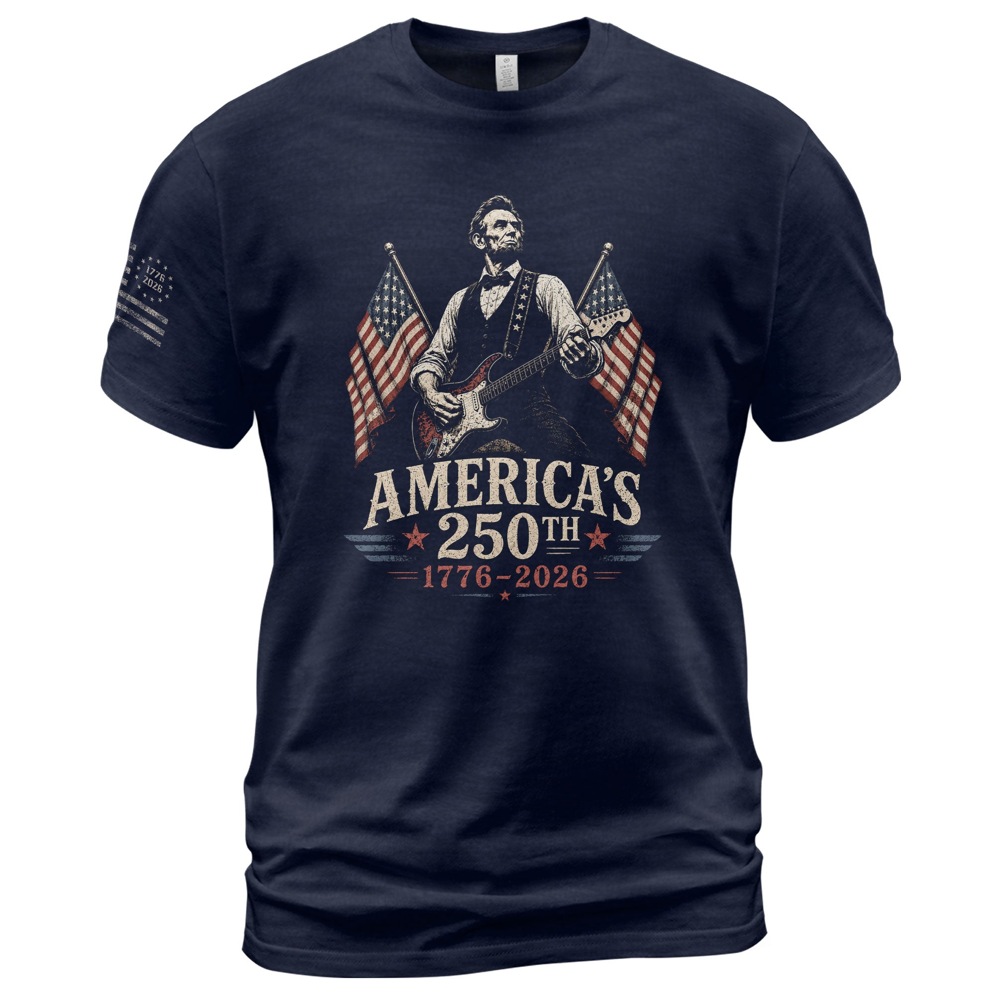 Mens T Shirt Patriotic Abraham Lincoln Guitar 1776-2026 250th Anniversary Rock Tee