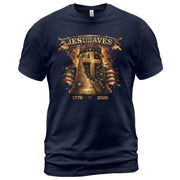 Faith Based JESUSAVES USA Flag Liberty Bell Graphic Tee 1776 to 2026 Commemorative Top