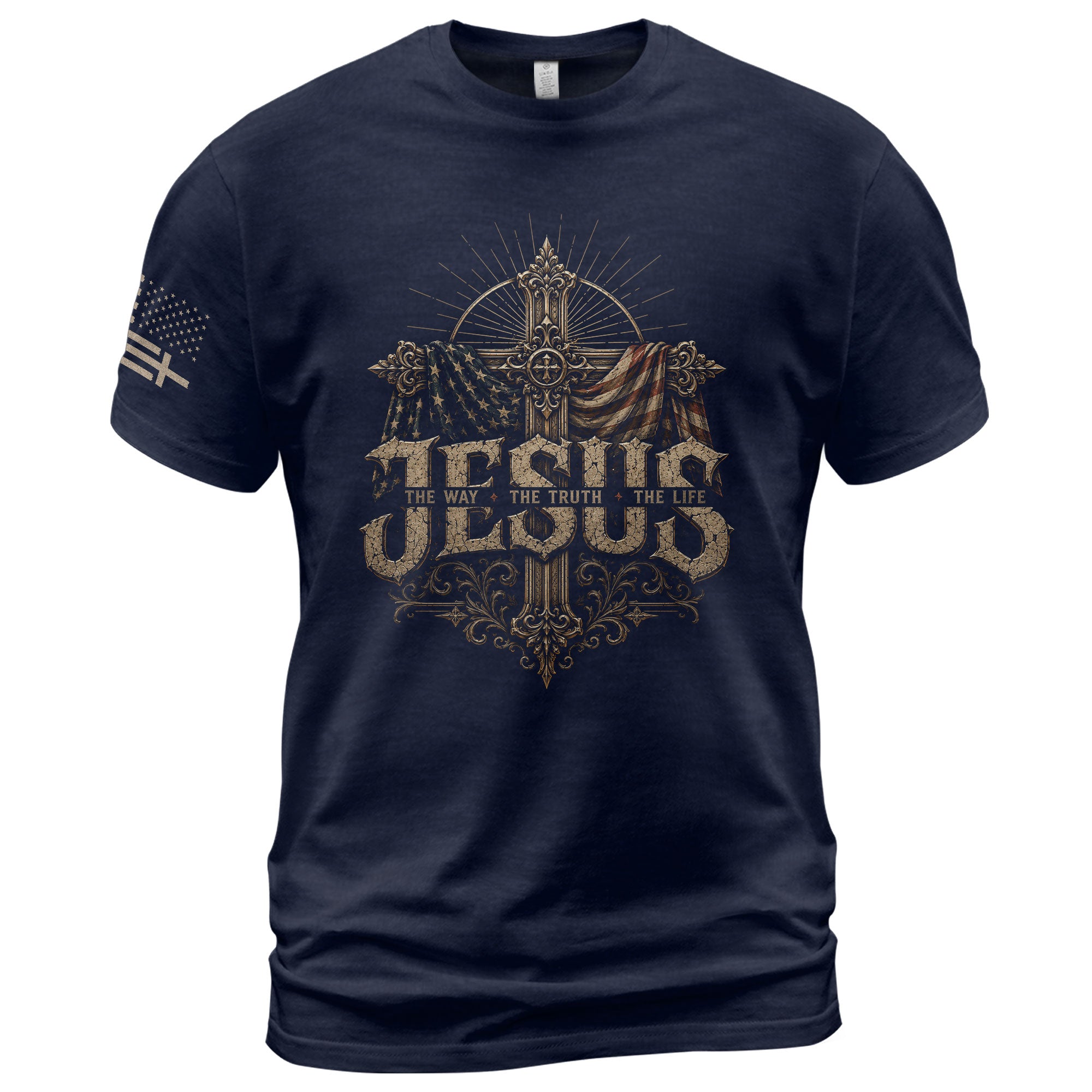Jesus The Way The Truth The Life Christian Cross American Flag Religious T-Shirt Tee