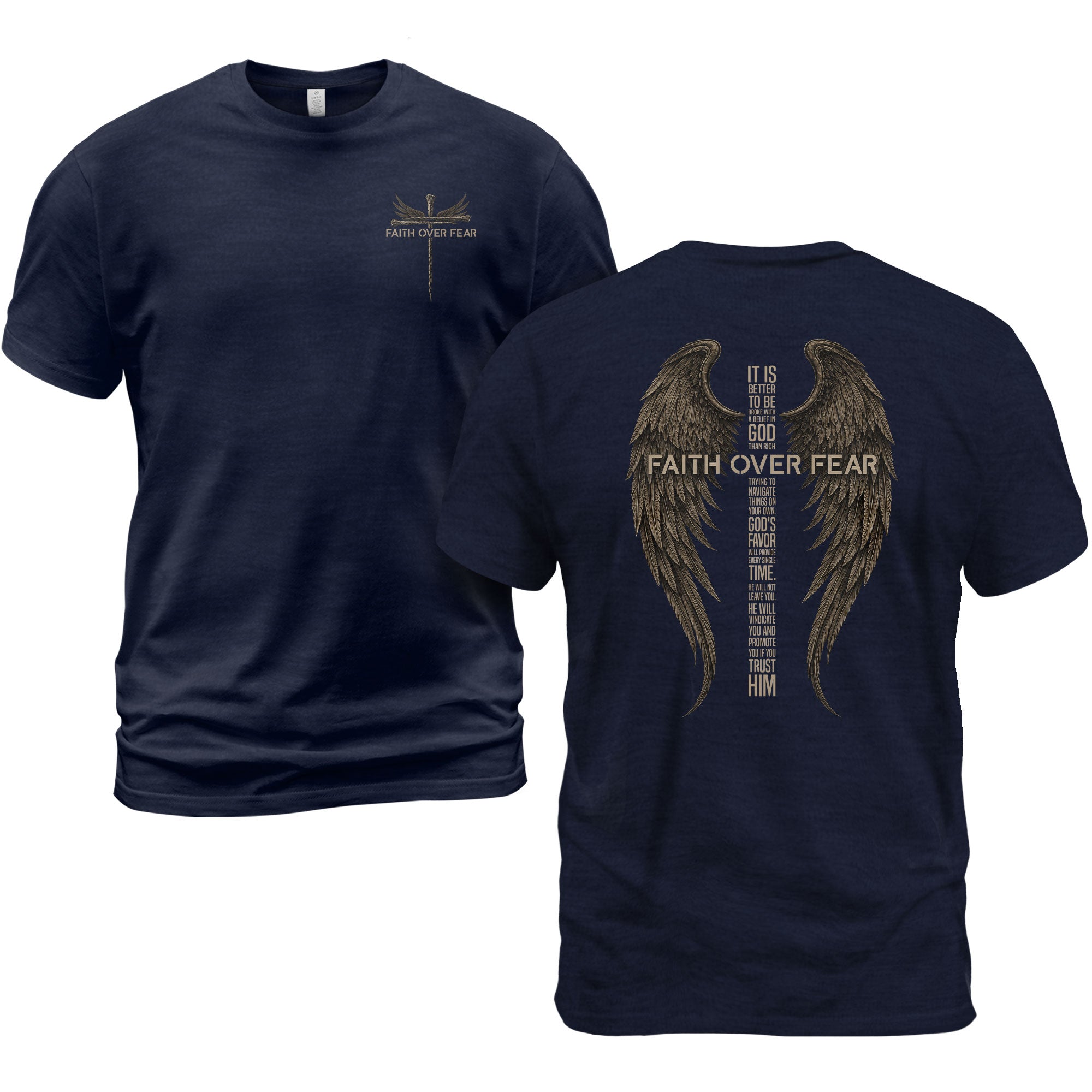 Faith Over Fear Christian Shirt Angel Wings Nail Cross T-Shirt Religious Graphic Tee