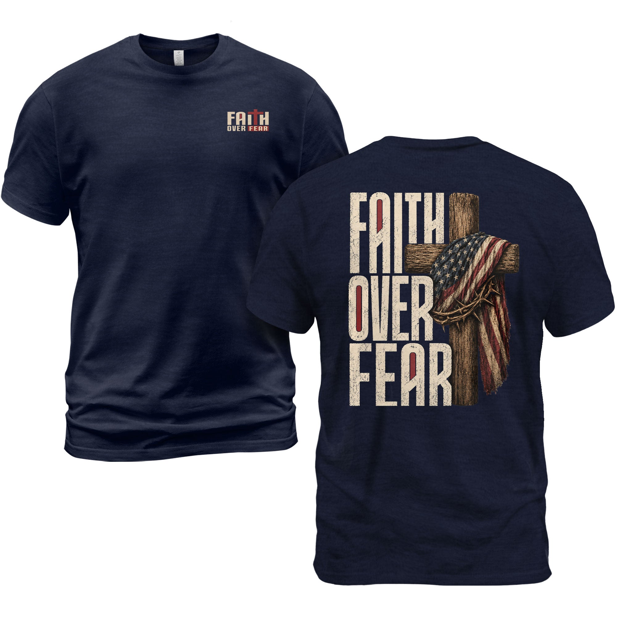 Faith Over Fear Christian Shirt Patriotic Cross American Flag Religious Graphic Tee