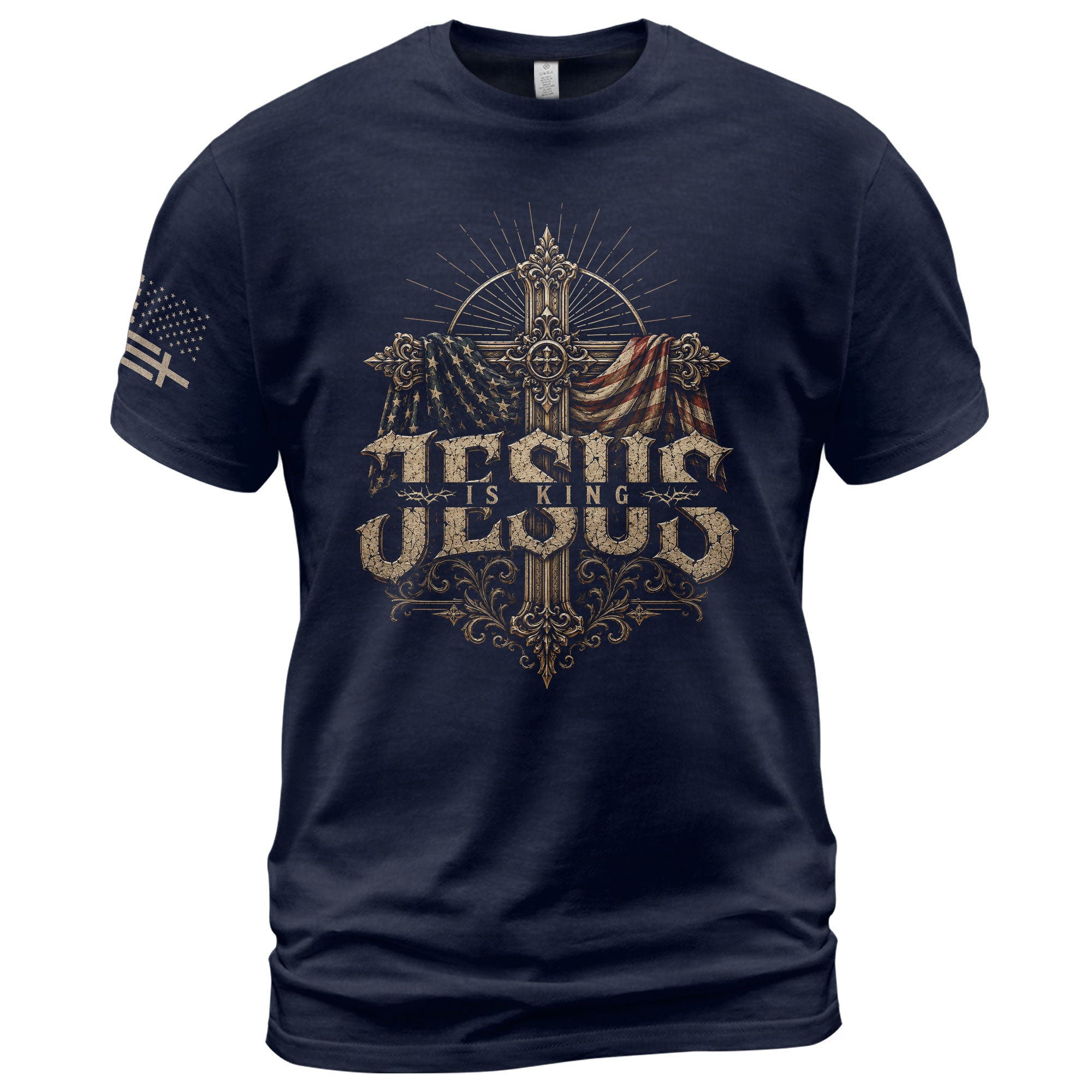 Jesus Is King T Shirt Christian Cross American Flag Vintage Patriotic Religious Tee