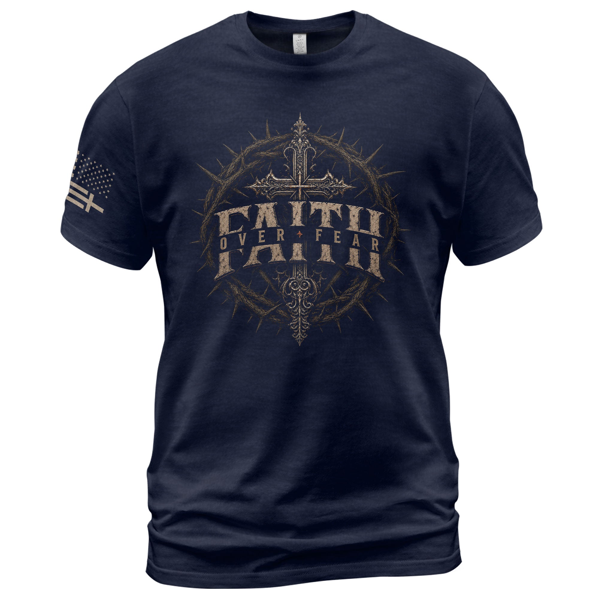 Faith Over Fear T Shirt Christian Cross Vintage Religious Patriotic USA Flag Tee