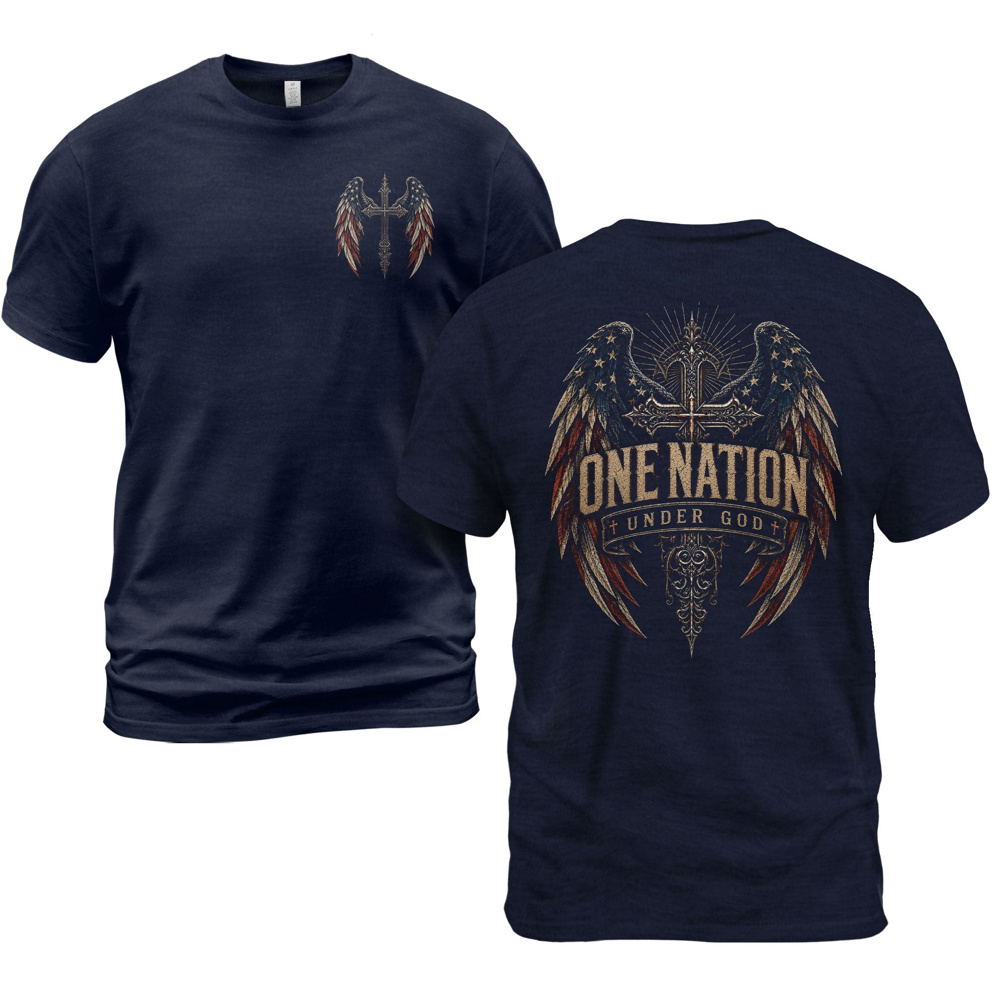 One Nation Under God T Shirt American Flag Wings Cross Religious Apparel Tee Top