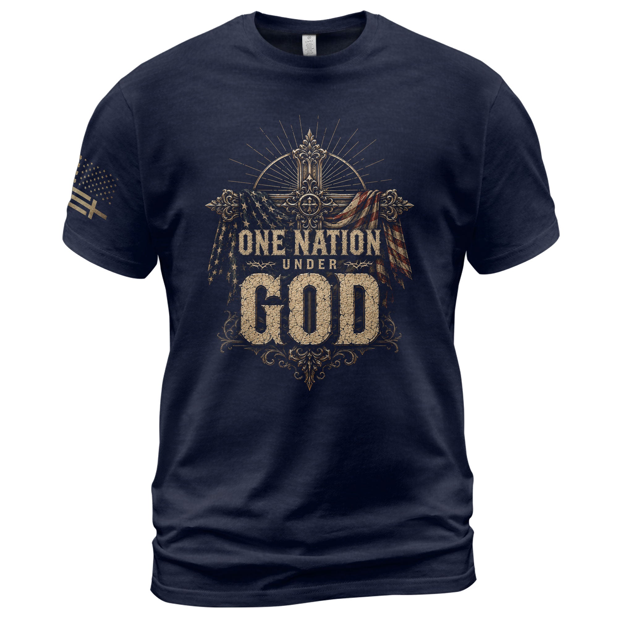 One Nation Under God T Shirt American Flag Cross Christian Patriotic Religious Apparel Tee